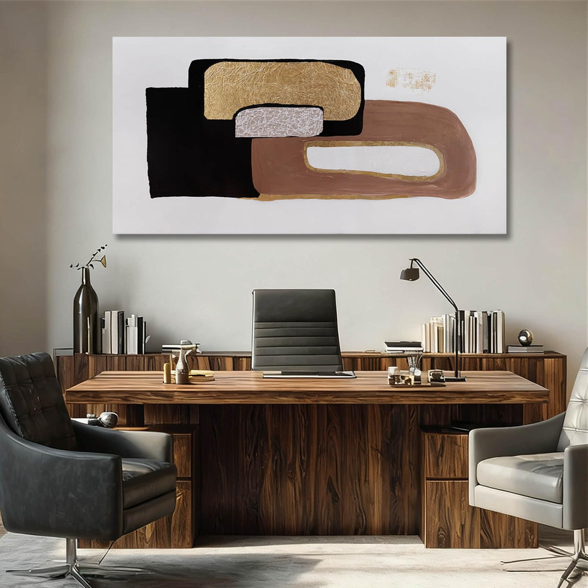 Framed Neutral Abstract Wall Art for Living Room Black and Gold Pictures Wall Decor Geometric Block Art 29"x 58" Big Painting for Bedroom Office