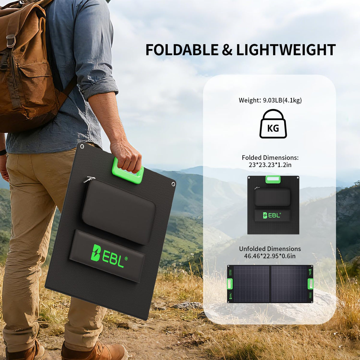 EBL 100W Solar Panel, Foldable Solar Charger for Jackery/Ecoflow/Bluetti Power Station, Portable Solar Panels w/Kickstands, High Efficiency IP65 Waterproof, Camping, RV, Off-Grid Emergency