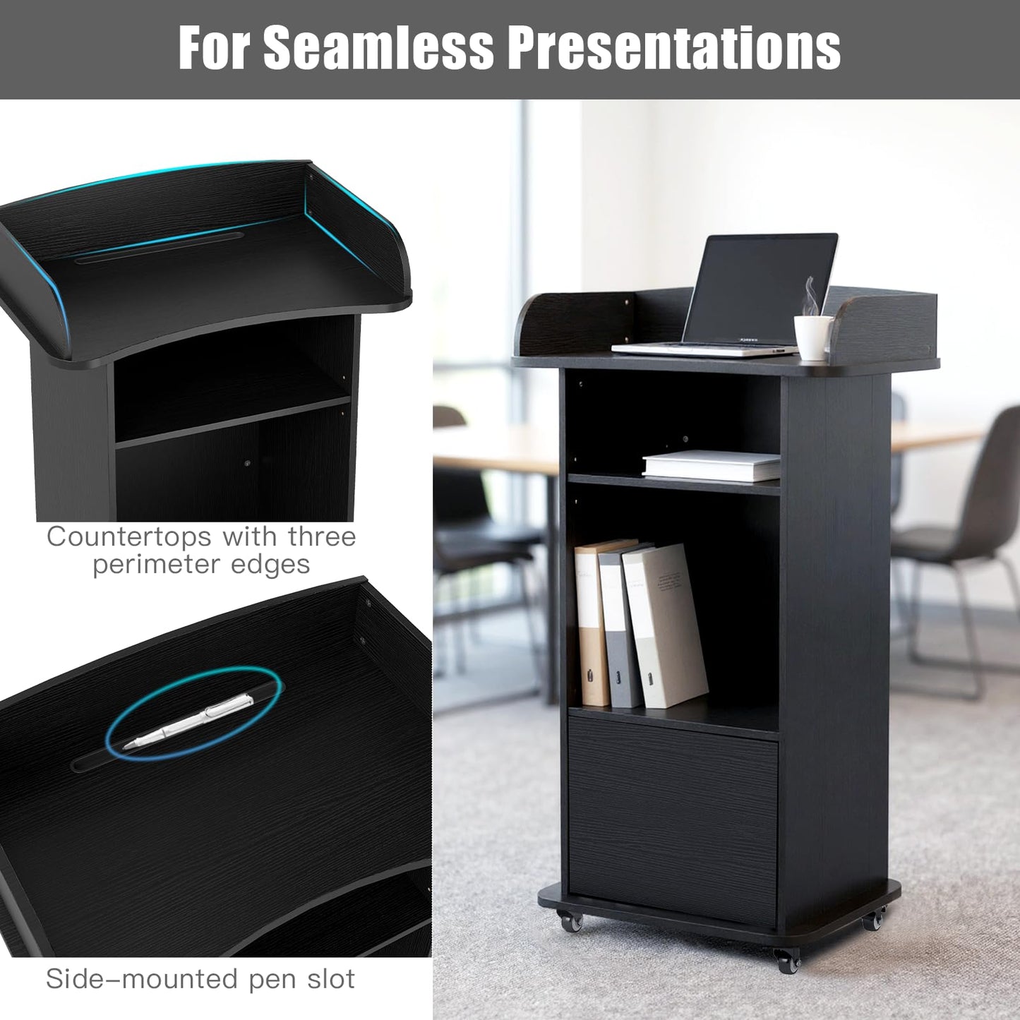 Podium Stand Portable with Wheels, Classroom Lectern for Teacher with Adjustable Storage Shelf, Mobile Rolling Church Pulpits, Office Wooden Reception Desk, Host Stand for School Conference（Black）