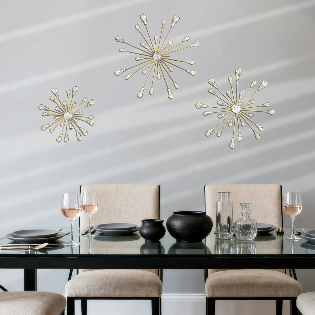 PEDOBALI 5 Pcs Starburst Wall Decor Radial Metal Artwork Gold Bling Wall Art Crystal Teardrop Modern Accent Sculptures Decorations 3D Hanging Rhinestone for Office Home Living Room Bedroom