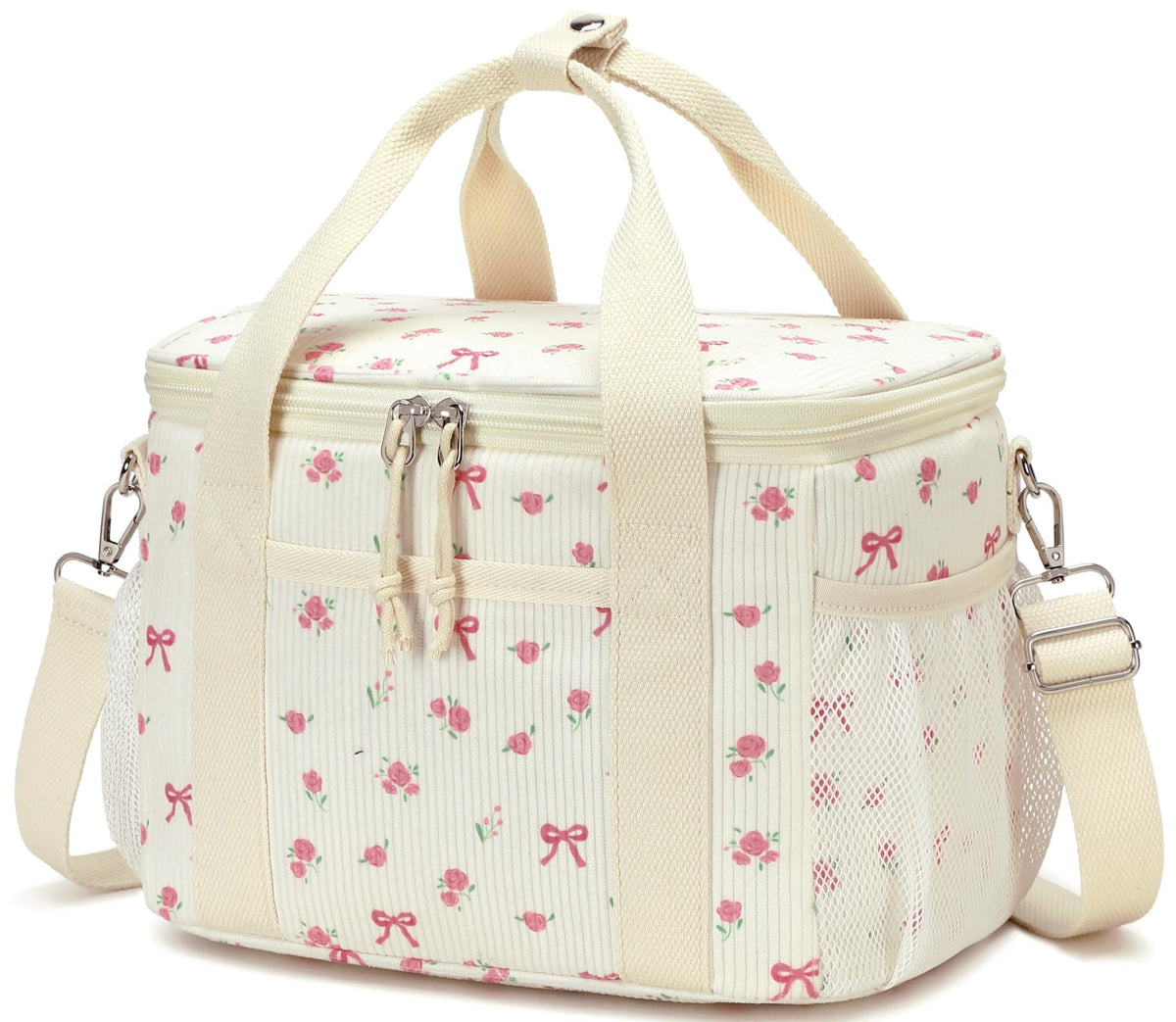 BTOOP Insulated Lunch Bag for Women, Cute Leakproof Lunch Tote, Large Capacity Aesthetic Lunch Box Bag with Shoulder Strap for Work, School, Picnic Pink Bow Floral