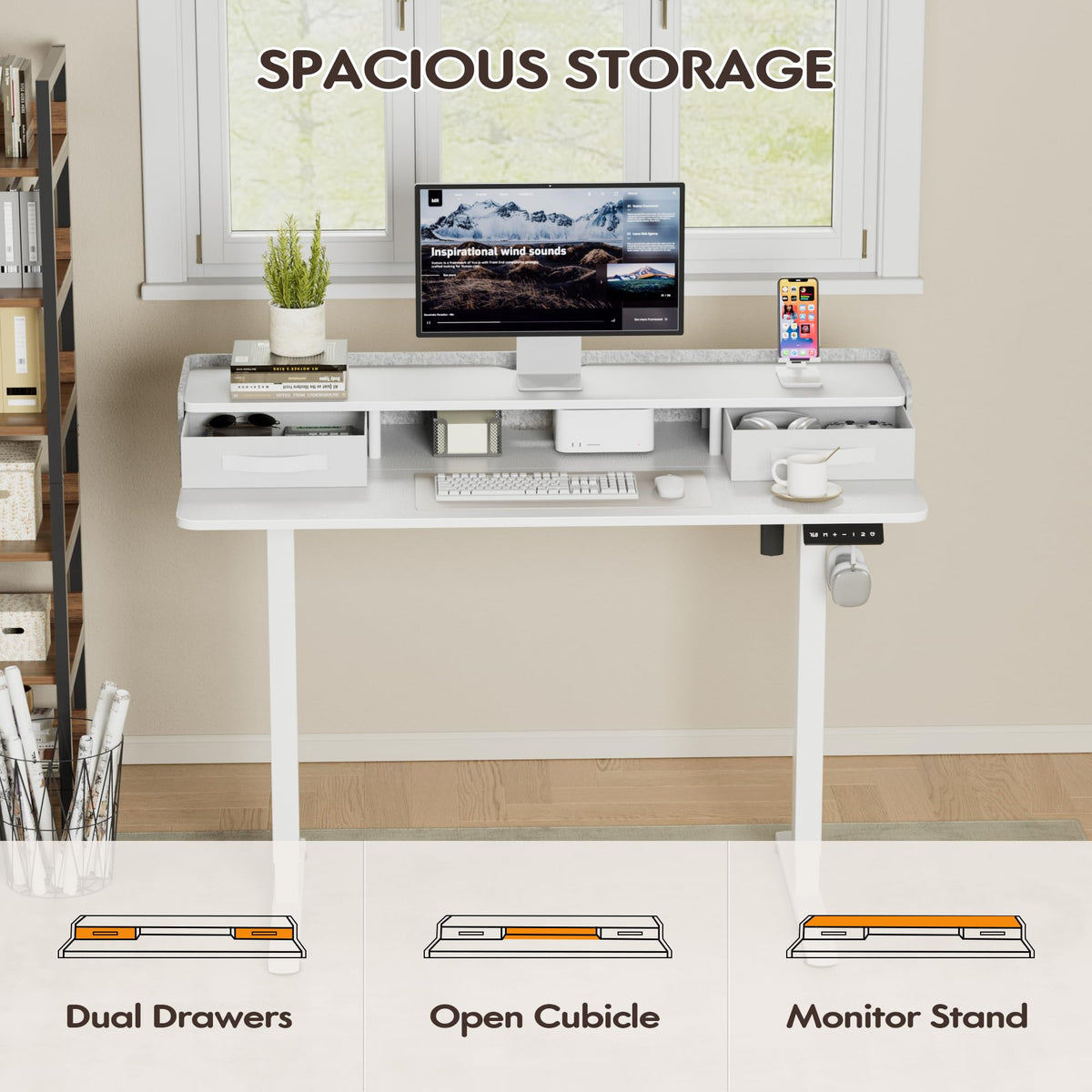 Furmax Electric Standing Desk with Drawers, Stand Up Desk with Storage Shelf Height Adjustable Computer Desk with Organizer for Home Office Ergonomic(White, 48 Inch)