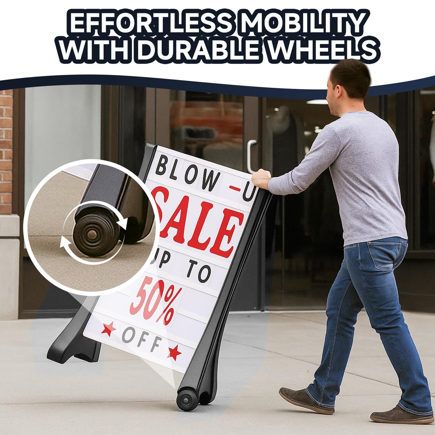 DRKSBesto 24"x39" Changeable Message Board Sidewalk Sign, Standard Portable A-Frame Sign & Letter Kit for Outdoor,Business, Large Black Standing Frame with Wheels, Water-Fillable and Wind-Resistant