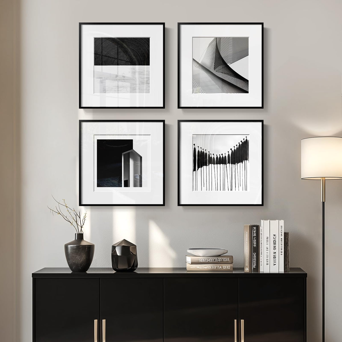 Framed Modern Canvas Wall Art Set of 4 Piece, Black and White Abstract Picture Prints, Geometric Line Minimalist Paintings Artwork for Bedroom, Living Room, Hallway and Office 12x12 Inch