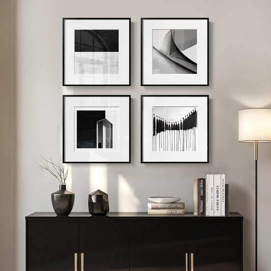 Framed Modern Canvas Wall Art Set of 4 Piece, Black and White Abstract Picture Prints, Geometric Line Minimalist Paintings Artwork for Bedroom, Living Room, Hallway and Office 12x12 Inch