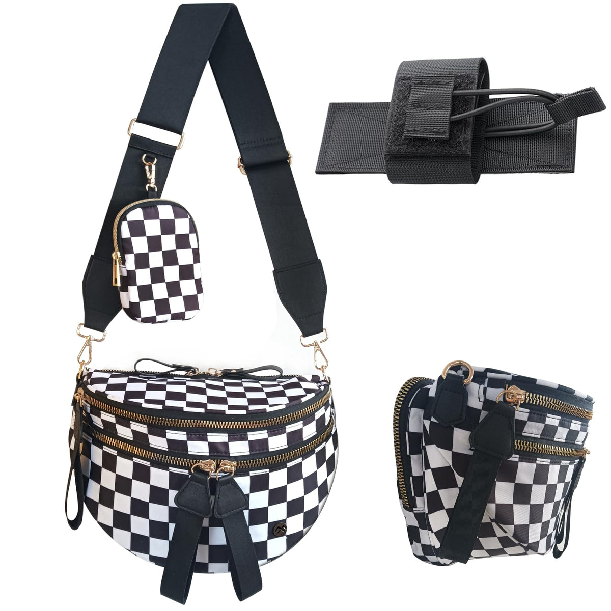 Security Carry Bum Bags Checkered Crossbody Fanny Packs Diaper Bag with RFID Pouch for CCW, EDC& Outdoor (Black+white)