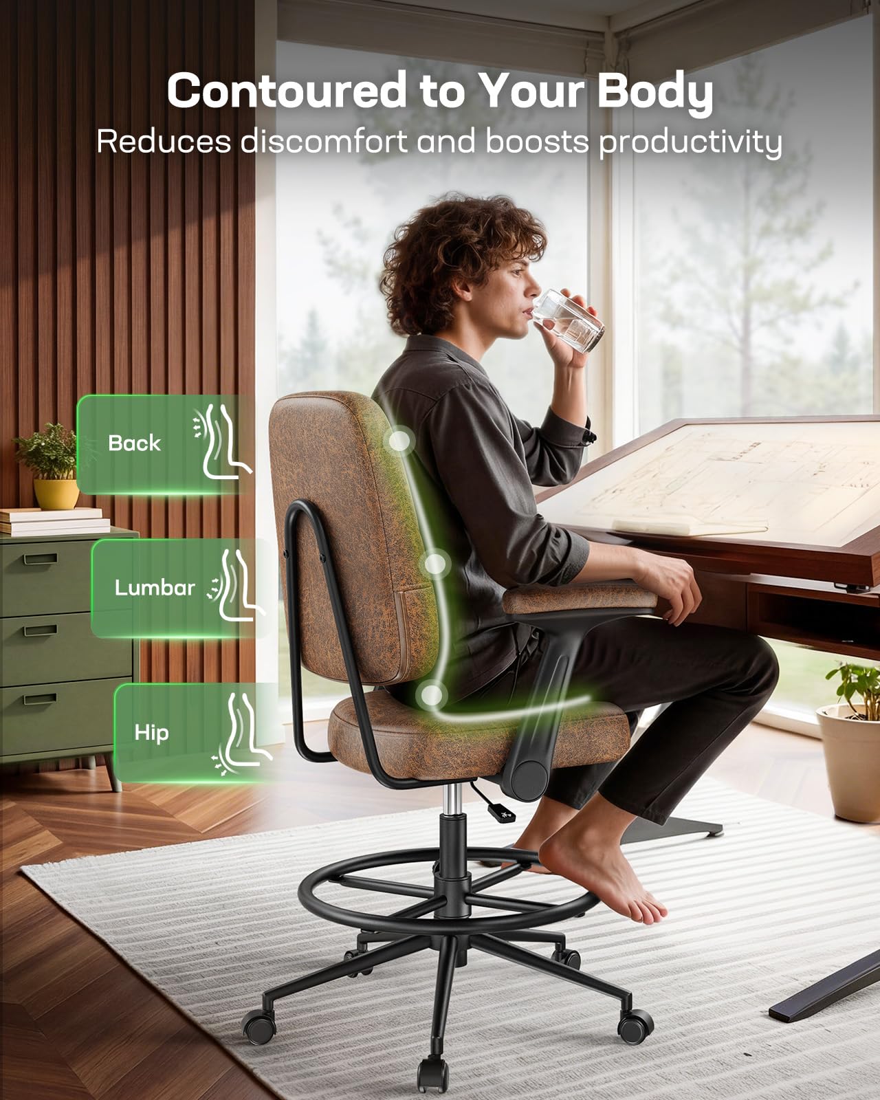 Marsail Drafting Chair with Flip-Up Armrests and Footrest, Ergonomic Tall Office Chair, Height Adjustable High Chair, Brown Leather Seat with Thick Cushion, 360° Swivel, for Standing Desk, Home Office