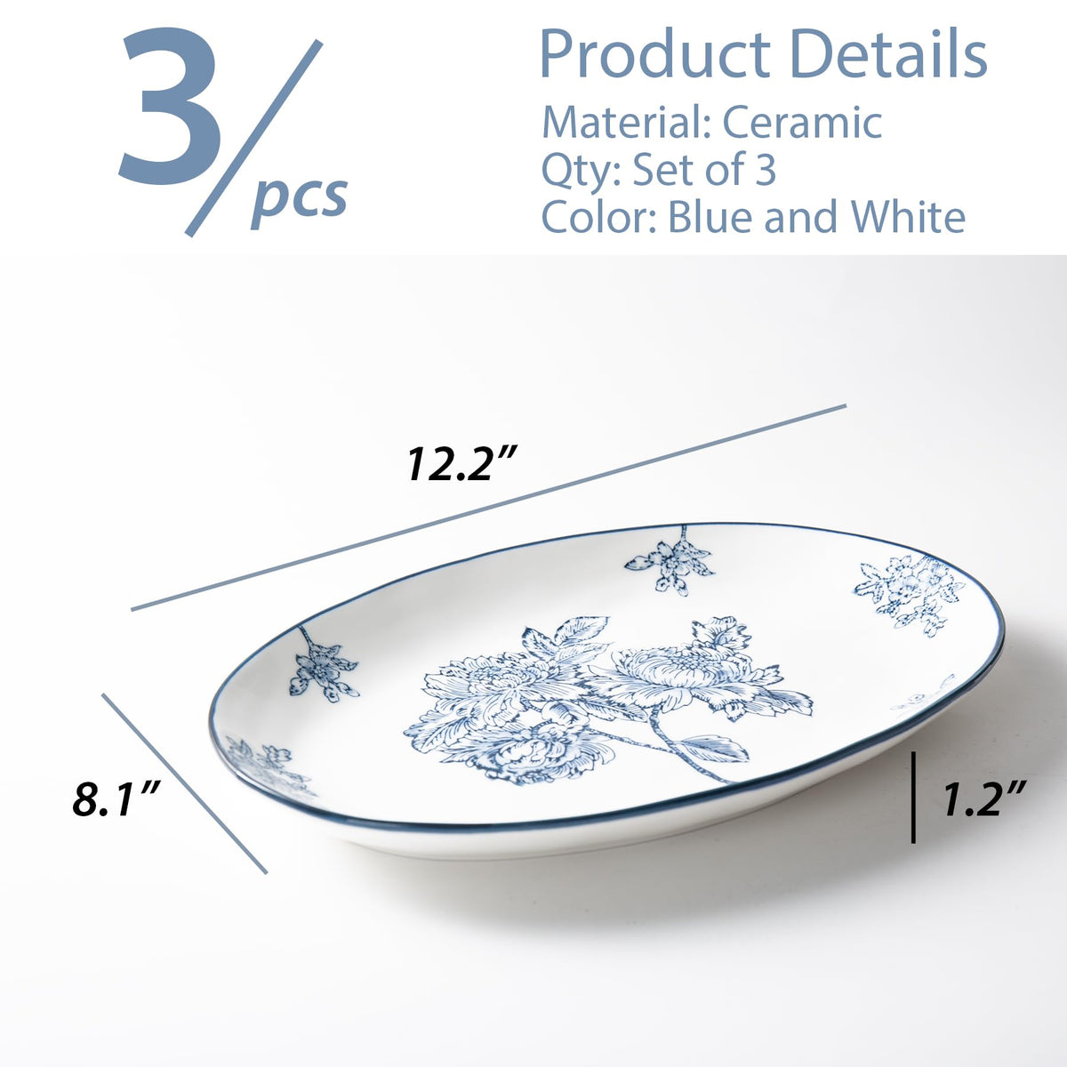 Magclay Ceramic Serving Platters, 12 Inch Large Serving Trays, Oval Plates for Dessert Appetizers Meat/Entertaining/Party, Blue and White, Set of 3