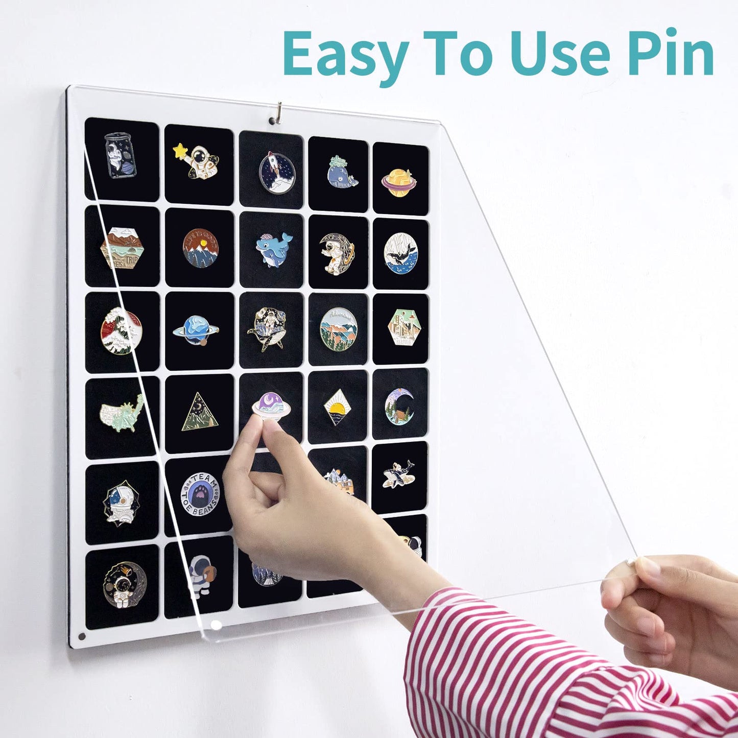 HIIMIEI Acrylic Pin Display Board, 11x14 Enamel Pin Display Frame, Dustproof Shadow Box Pin Holder, Double Sided Jewelry Lapel Pins Collection Case for Wall and Tabletop (30 Grids)