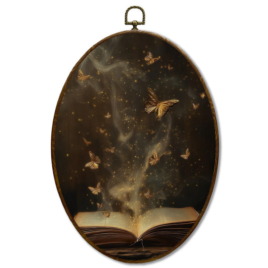 JQF Dark Academia Butterfly Book Oval Wall Decor, Vintage Moody Book Reading Oval Canvas Wall Art, Retro Butterfly Bookish Aesthetic Framed Prints Hanging Decor for Reading Room library, 8.5x11.5 Inch