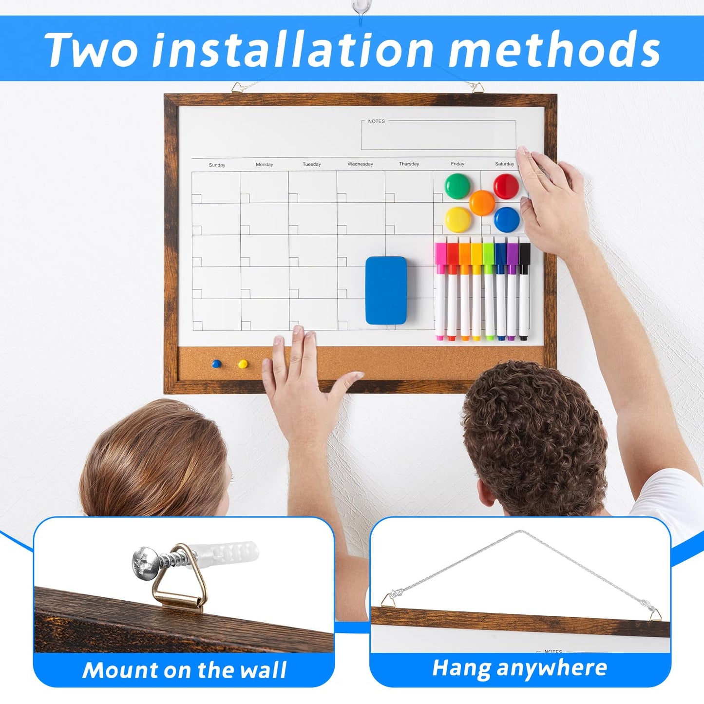 Dry Erase Calendar Whiteboard, 17" x 13" Magnetic Whiteboard Cork Board Combo, Reusable Monthly Planner with 8 Markers, Eraser, Magnets and Pushpins, Hanging Dry Erase Board for Home, School - Brown