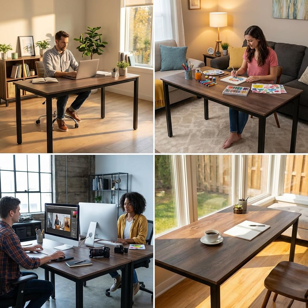 GL GLOBAL LIFE 47 inch Large Computer Desk Wood, Modern Simple Style Desk for Home Office, Bedroom, Study Student Writing Desk, Small Spaces, Black Metal Frame, Walnut Top