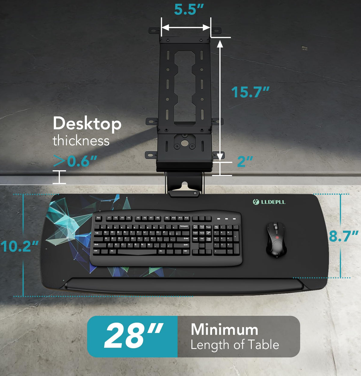 Keyboard Tray Under Desk with Storage Drawer, Height Adjustable Keyboard Tray Slide Out 360° Swivel Tilt, Ergonomic Under Desk Mount Keyboard & Mouse Pad Lighting for Gaming Home Office
