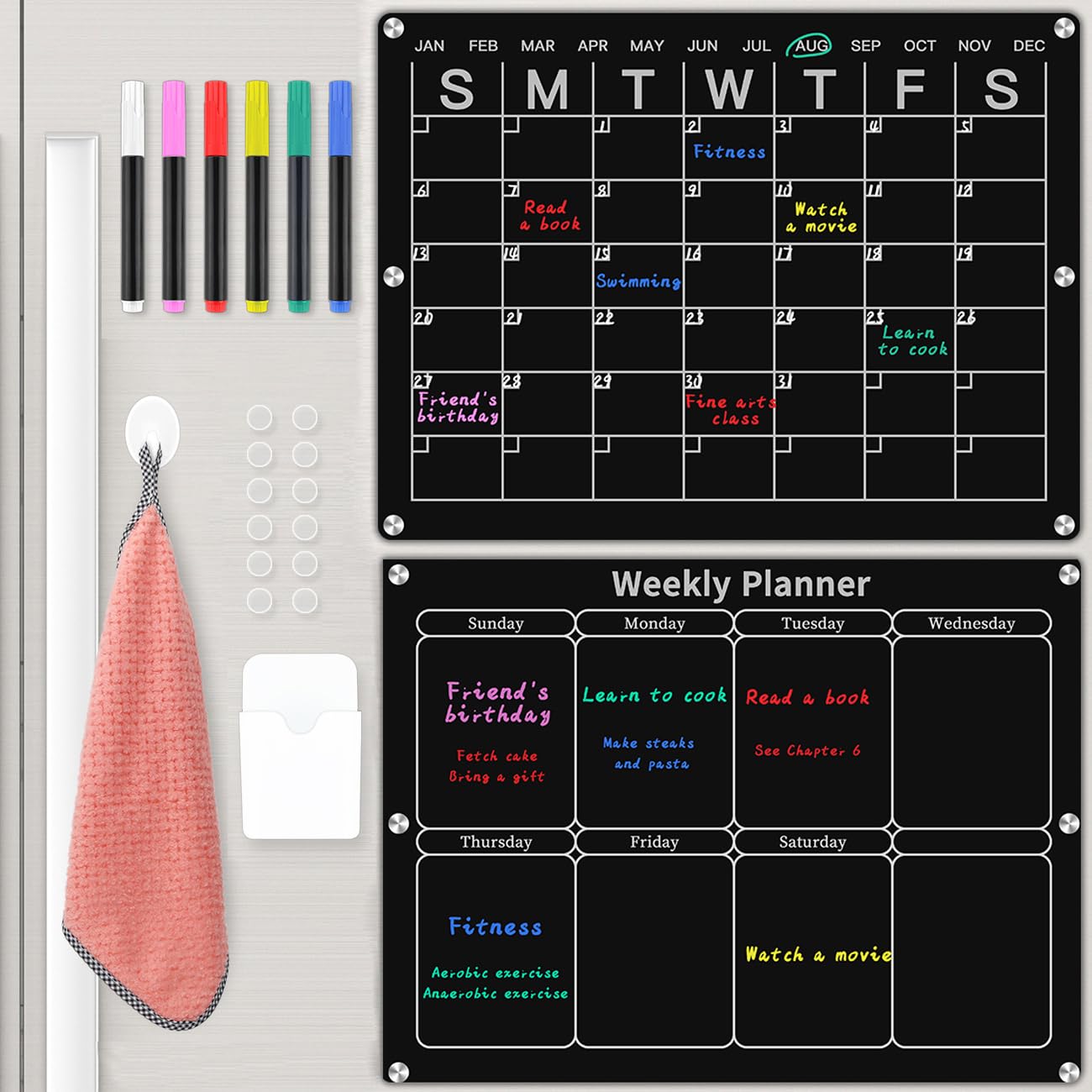 Magnetic Monthly & Weekly Fridge Calendar - Black Dry Erase Acrylic Refrigerator Planning Board Includes 6 Colorful Markers, Pen Holder, Towel, Hook
