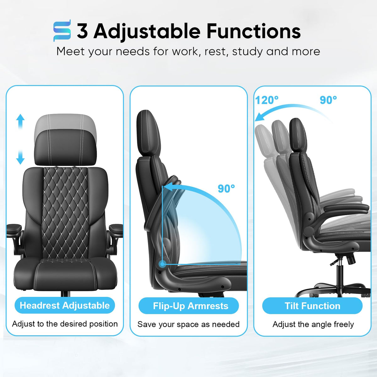 Sytas Executive Leather Office Chair, Comfy Desk Chair with Adjustable Headrest & Flip-up Padded Arms & Lumbar Support, Adjustable Hight and Tilt, Rolling Swivel Chair, Black