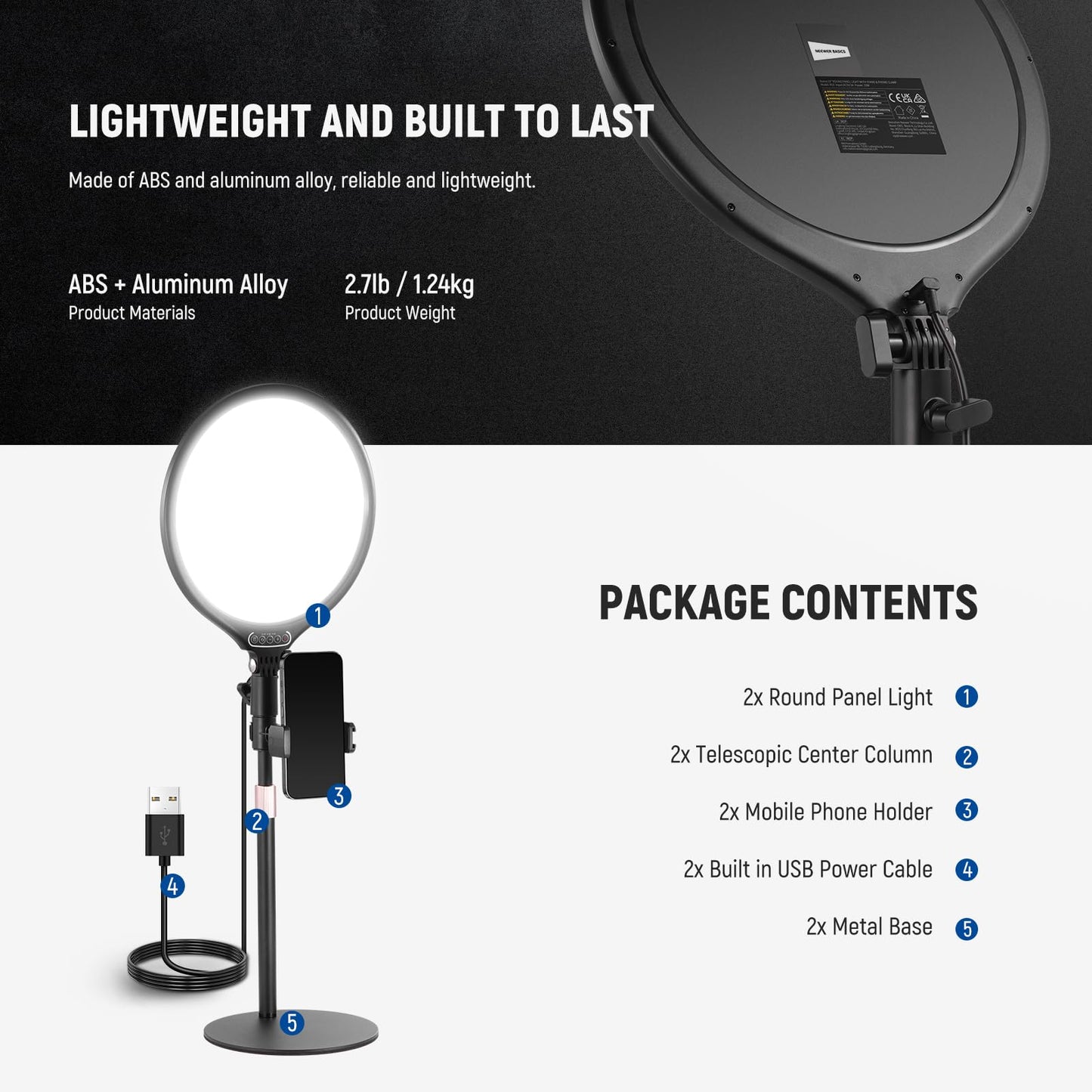 NEEWER Basics 2 Pack 10.5" Desktop LED Ring Light with Stand for Desk/Phone Holder, 3000-6500K Full Screen 15W Panel Lighting for iPhone Recording Streaming Selfie Laptop Webcam Video Conference, R10