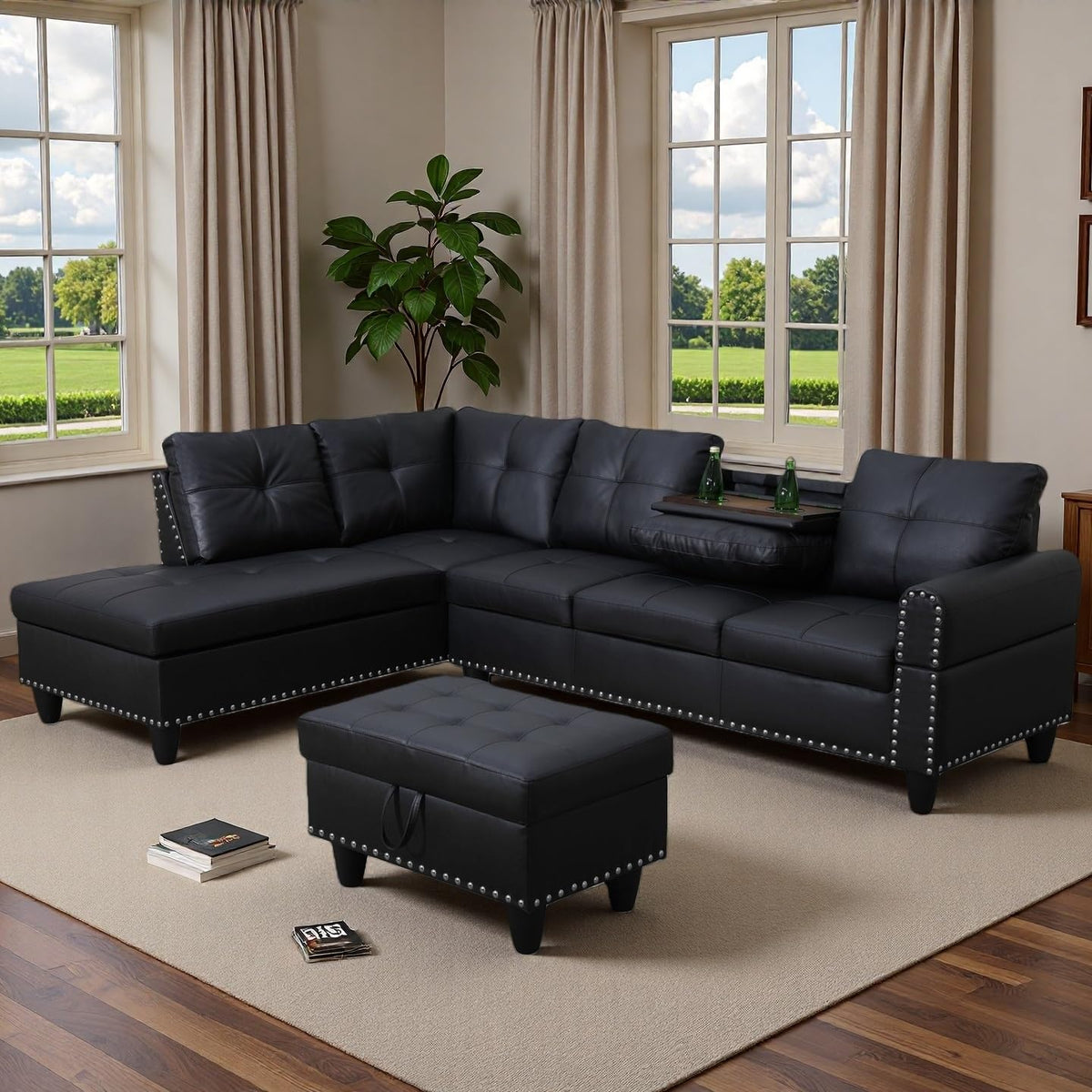 Topcomfy 97.5" L Shaped Couch Set, Modular Sectional Couches for Living Room with Storage Ottoman, 4 Seat Home Sofa Living Room Furniture Sets with Chaise for Apartment Office (Leather, Black)