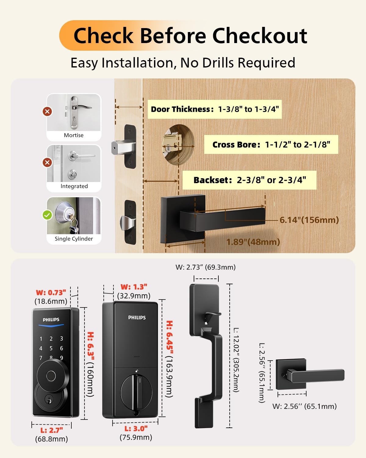 Philips Touchscreen WiFi Smart Lock with Handle Set, Built-in WiFi, Remote Control & Voice Control, Fingerprint Keyless Entry Door Lock, Smart Locks for Front Door Deadbolt, Auto-Lock, Matte Black