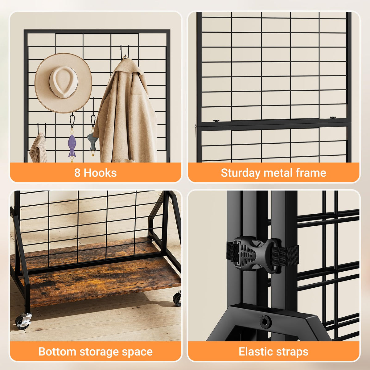 ELYKEN Foldable Grid Wall Panels 5.5' x 2' FT, Movable Wire Gridwall Display Rack with Wheels and Adjustable Foots, Retail Display Stand for Vendor with Storage (Rustic Brown)