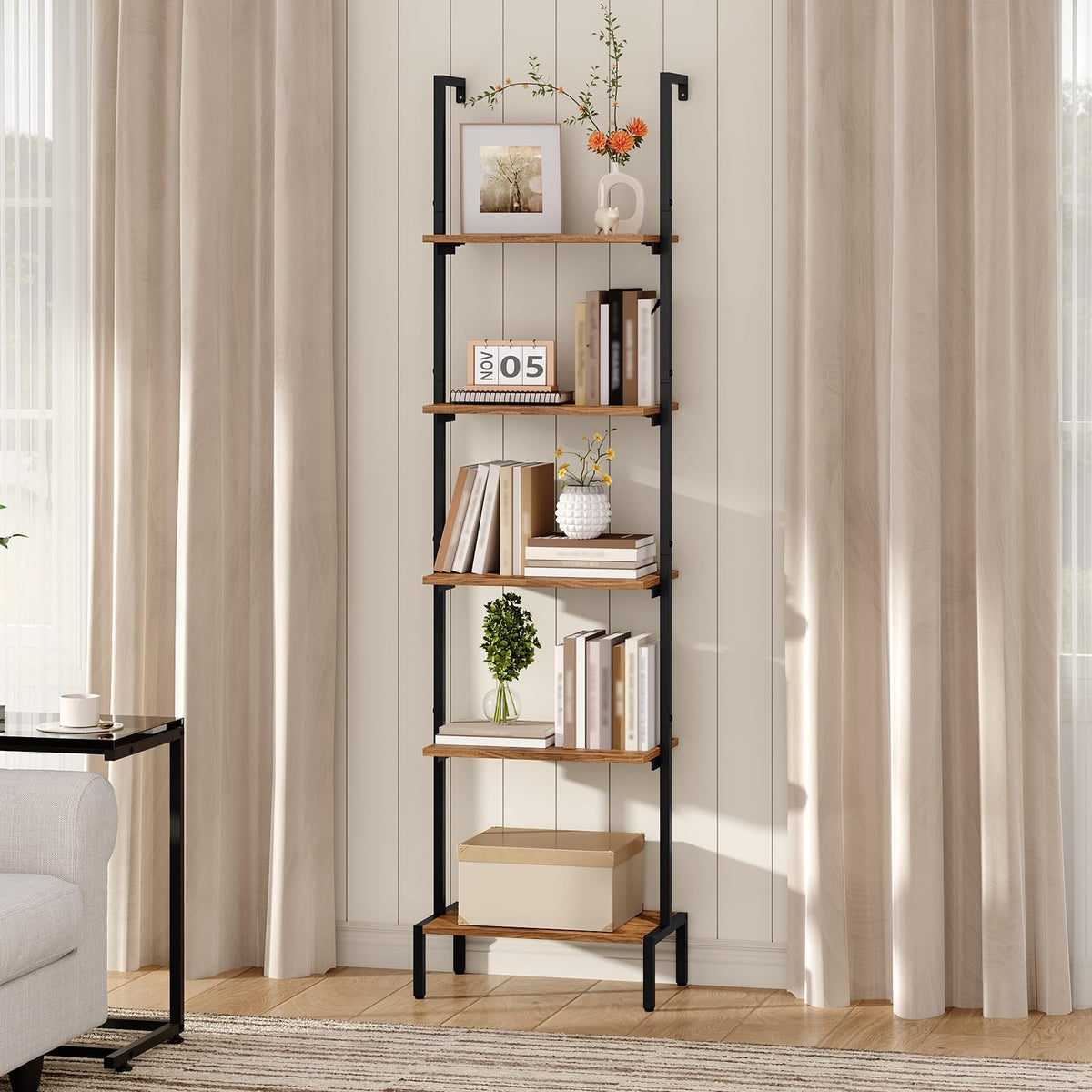 MAHANCRIS Ladder Shelf, 5-Tier Bookshelf, Ladder Bookcase with Wall Mount, Heavy Duty Industrial Style Storage Rack for Living Room, Office, Kitchen, Bedroom, Rustic Brown and Black LSHR5501