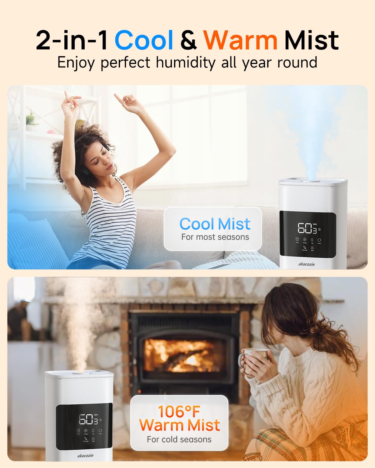Akacozie Warm & Cool Mist Humidifiers for Bedroom 500 sq ft, 2.1Gal/8L Top-Fill Humidifier Large Room with Essential Oil Diffuser, Large Room Humidifiers for Home Baby Nursery Office Plants, White