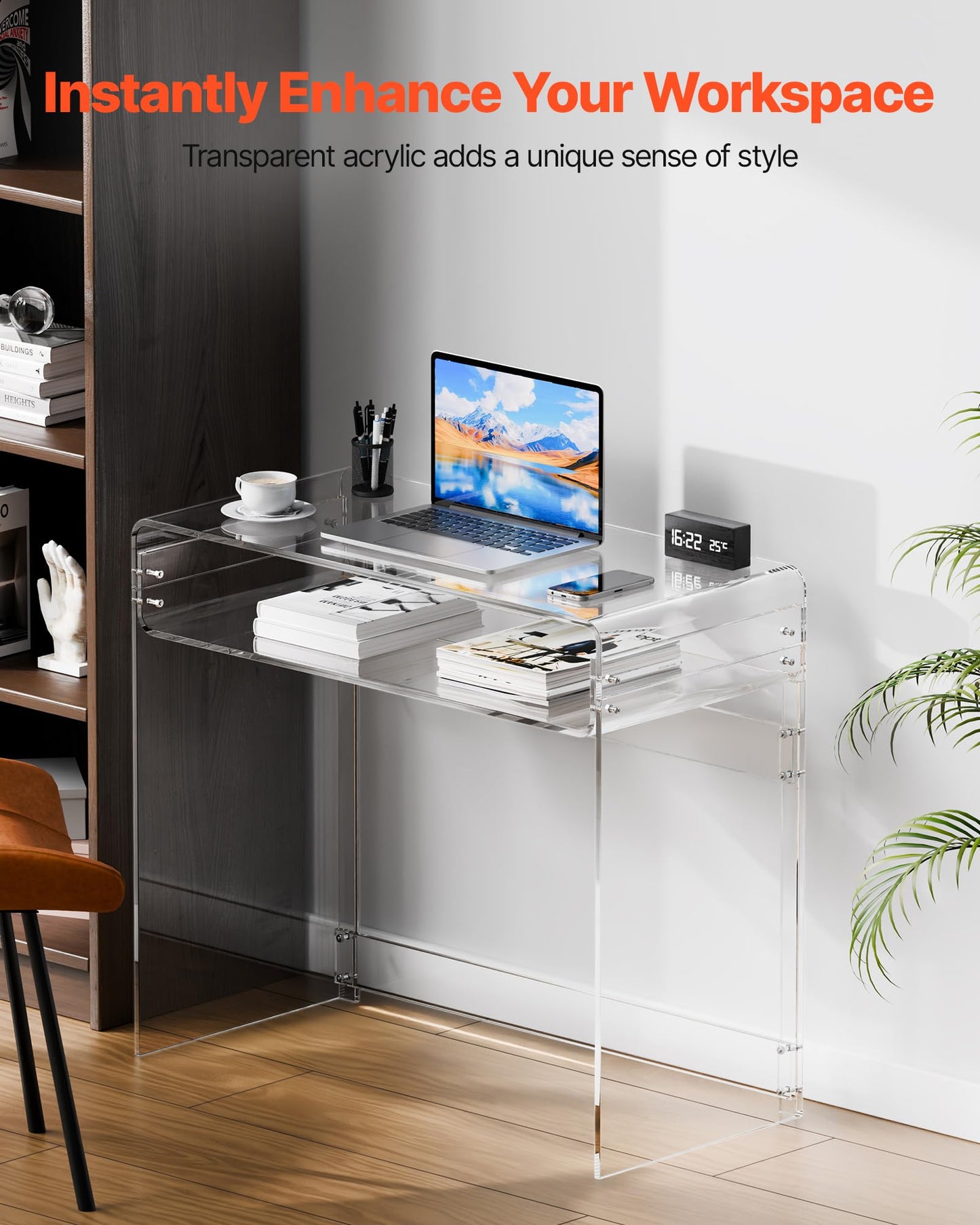 VEVOR Acrylic Desk, Clear Laptop Study Desk with Storage Shelf, Modern Transparent Console Table for Home Office, Living Room, Bedroom, Entryway, 33.5" W x 15.7" D x 29.5" H