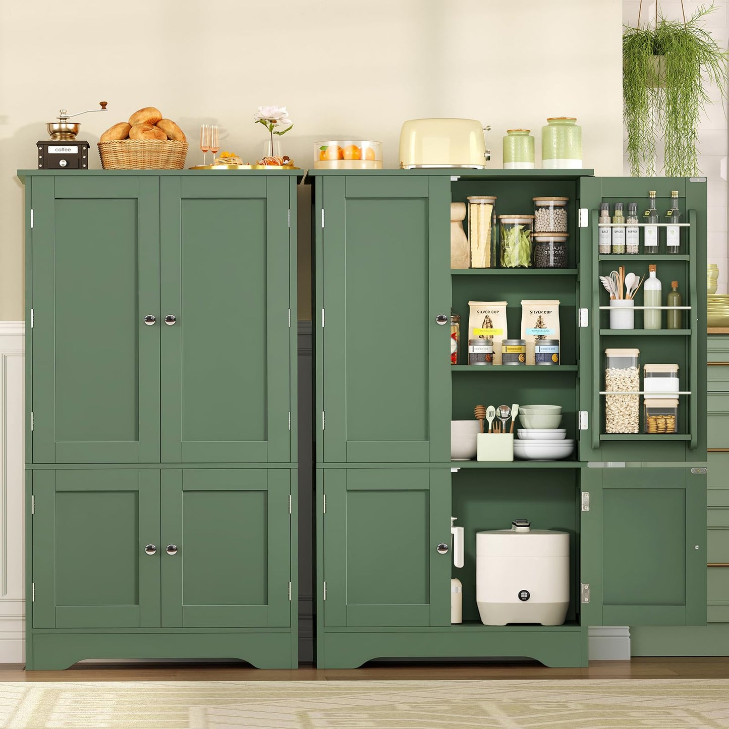 TEENFON 43" H Storage Cabinet with 4 Doors, Kitchen Cabinet with 6 Door Shelves, Kitchen Pantry Cabinets for Living Room, Dining Room, Bathroom, Forest Green