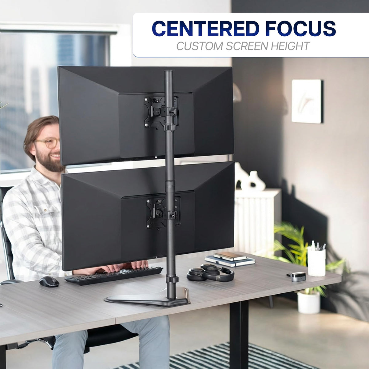 VIVO Dual Monitor Desk Stand Free-Standing LCD Mount, Holds in Stacked Vertical Position 2 Ultrawide Screens up to 34 inches, Black, STAND-V002L