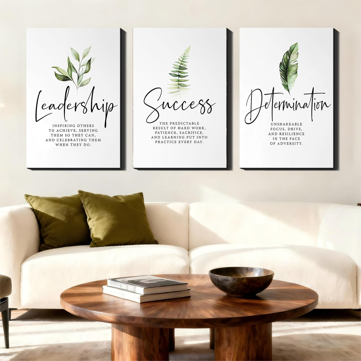 Set of 3 Framed Canvas Art - Motivational Office Wall Decor, Leadership/Success Quotes with Leaves, Inspirational Prints for Bedroom, Framed Positive Vibe Wall Art