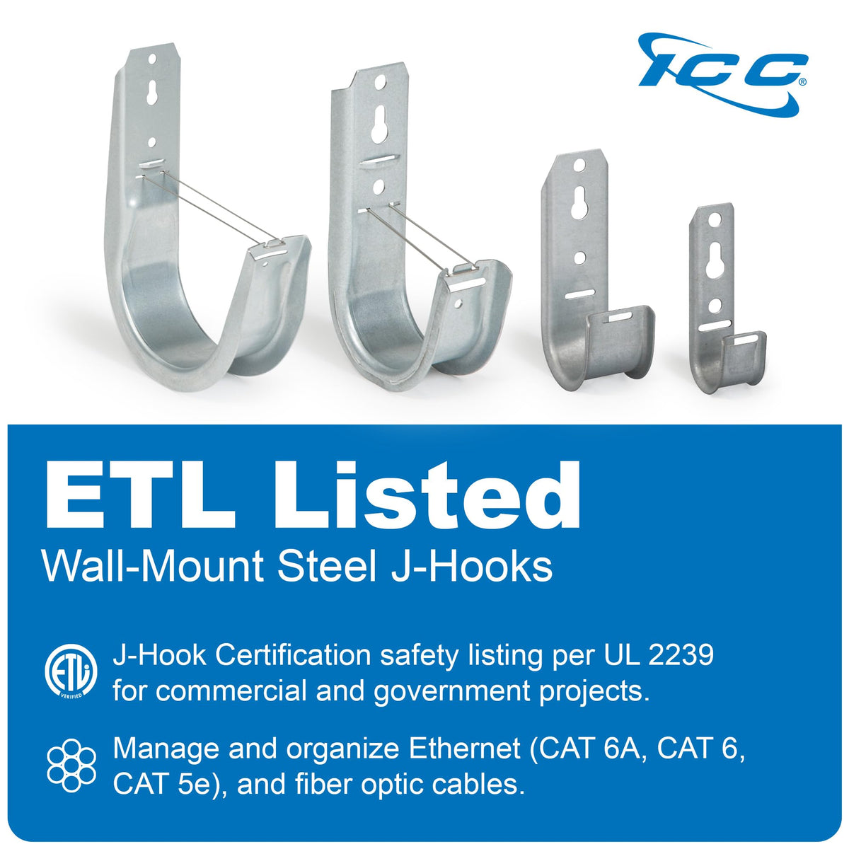 ICC 2” Wall Mount J - Hook with Retainer Clip for Structured Cabling - Galvanized Steel Cable Management Hooks, Rust-Resistant, TIA/EIA Compliant- 25-Pack