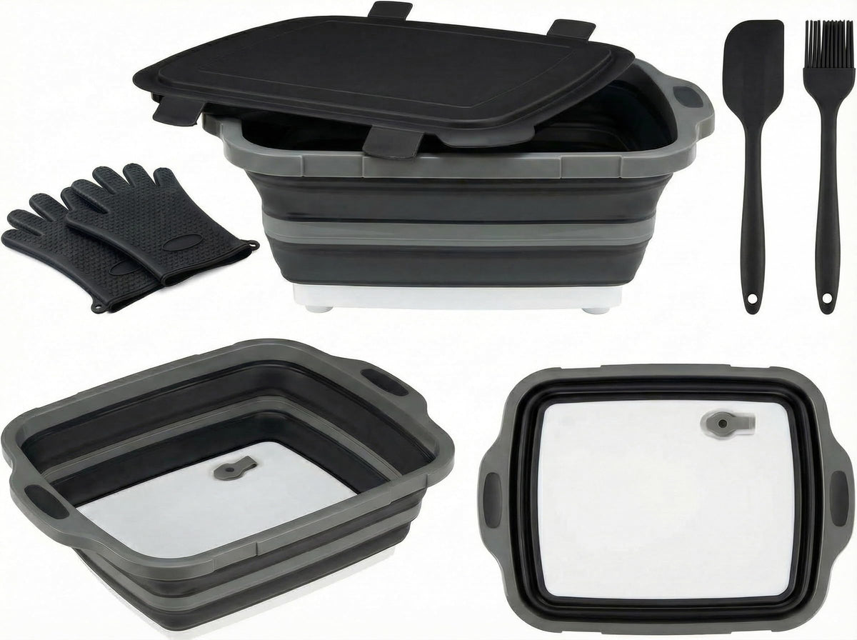 Collapsible BBQ Prep Tub with Lid & Cutting Board 8L - Meat Marinating Basin & Grill Carry System - 5pc Set with Heat Resistant Gloves, Basting Brush & Spatula(Black, Large, 8L)