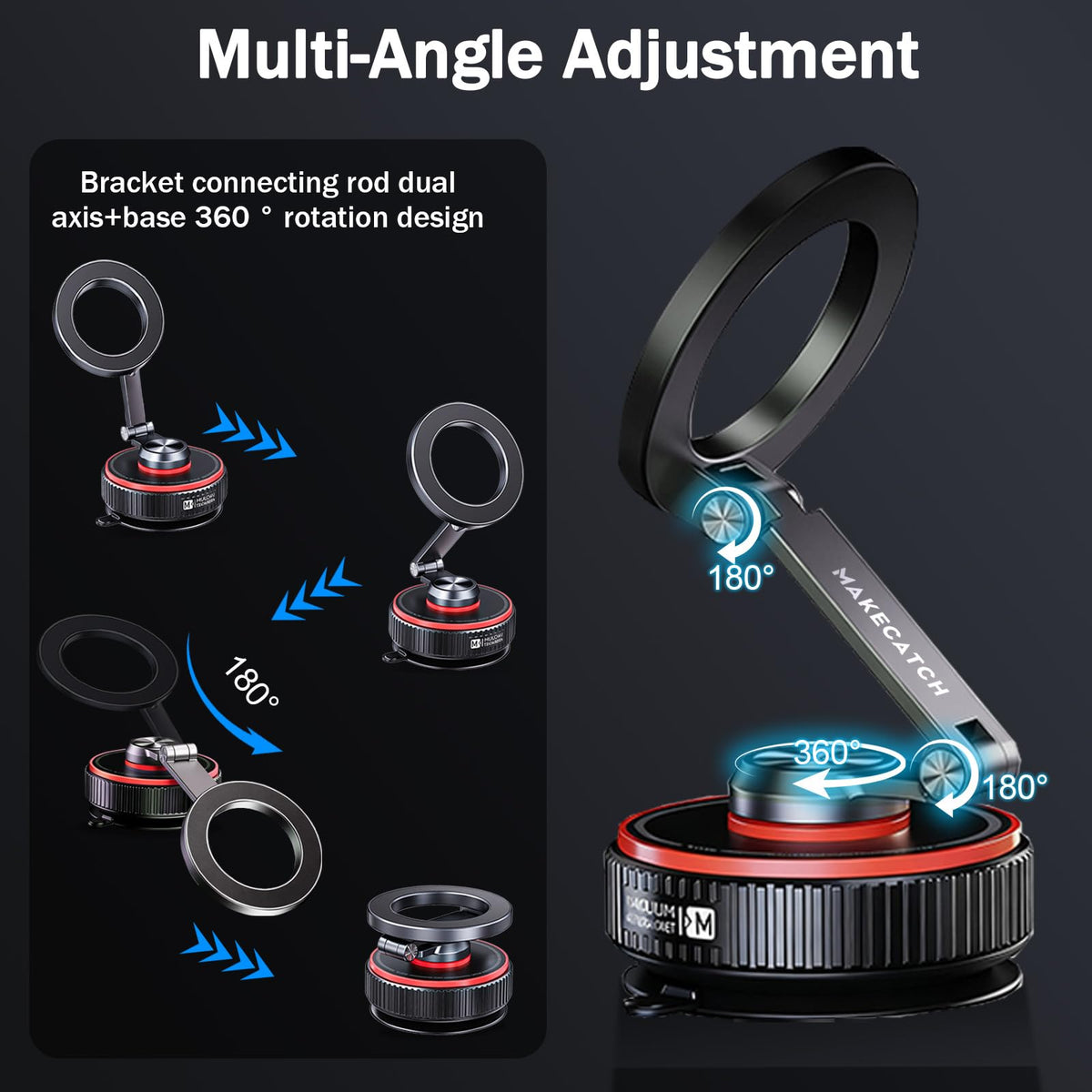 makecatch Magnetic Car Phone Mount, 120+ LB Vacuum Suction & 3000gf Magnetic Force, 360° Triple-Axis Adjustable Car Holder for iPhone & All Phones, Twist-Lock Suction Cup, Quick-Release (Black)