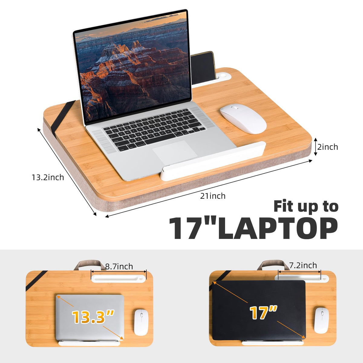Wishacc Portable Bamboo Lap Desk Tray, Natural Wood, Large 21.1 x 12.9 Inch, for Home Office