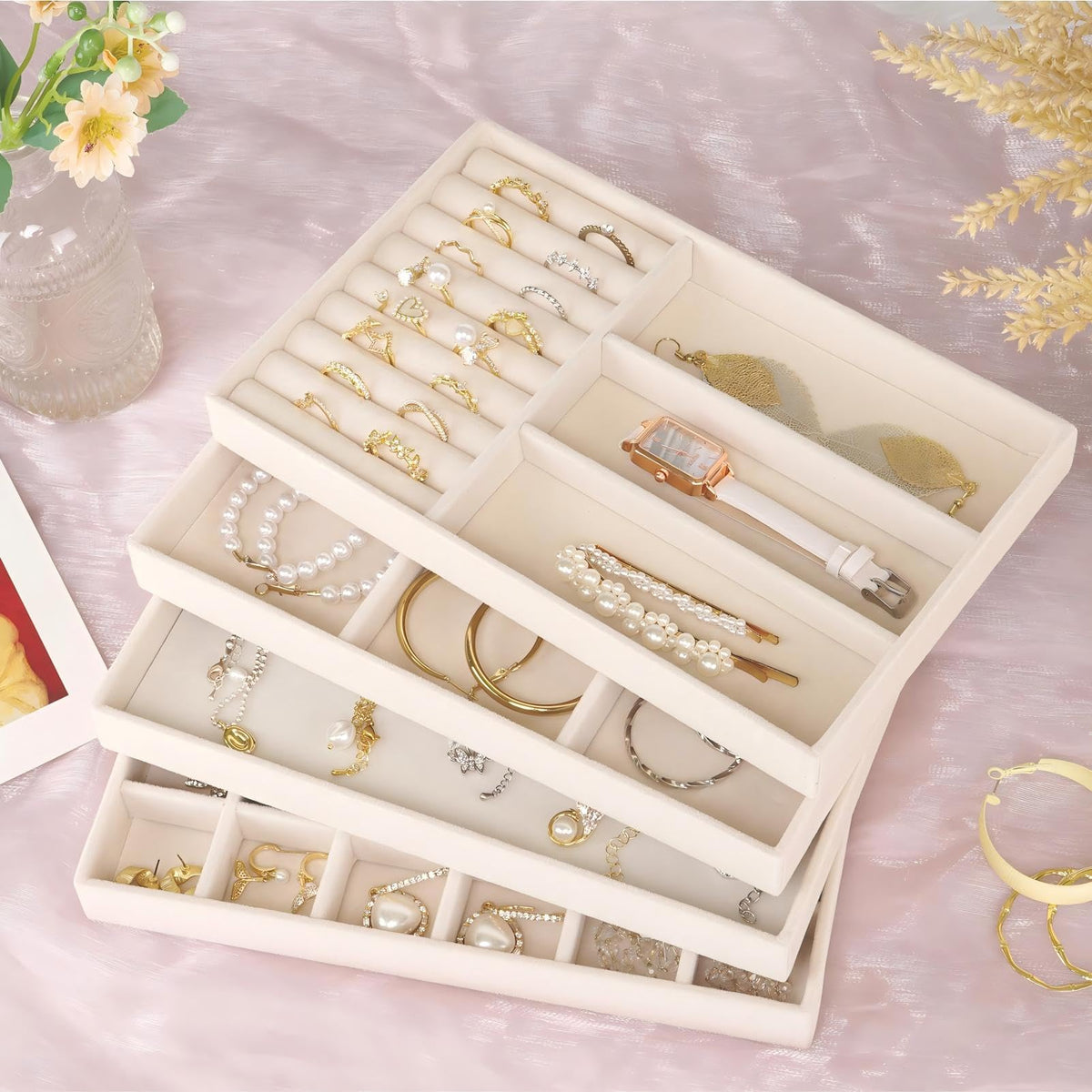 Cirhy Velvet Jewelry Drawer Organizer Trays – Stackable Jewelry Trays for Drawers, Set of 4 Jewelry Organizer for Drawer Inserts, Display Storage Box for Earrings, Rings, Necklaces, Bracelets