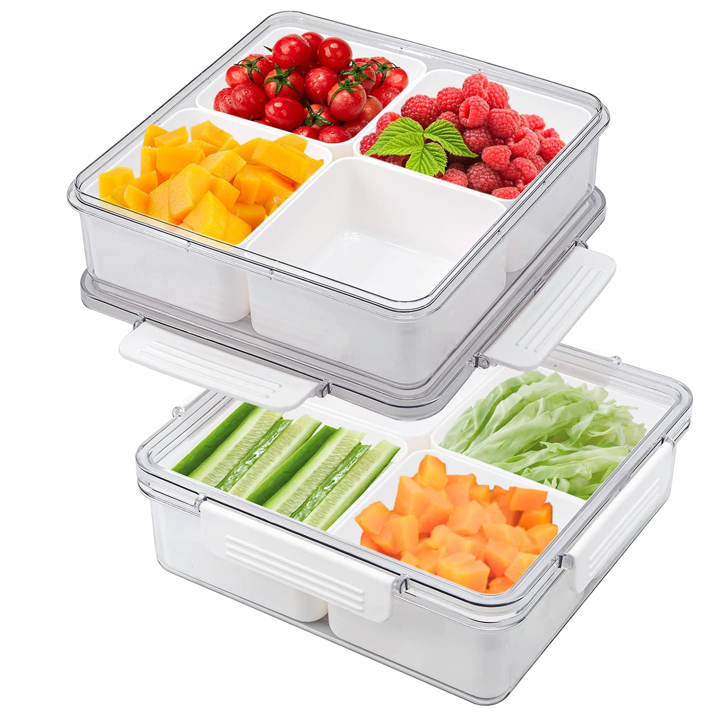 MineSign 2Pack Divided Veggie Tray with Lid Snackle Box Serving Container Salad Keeper with 4 Removable Boxes Stackable Refrigerator Organizer Bins Produce Saver for Meal Prep Fruit