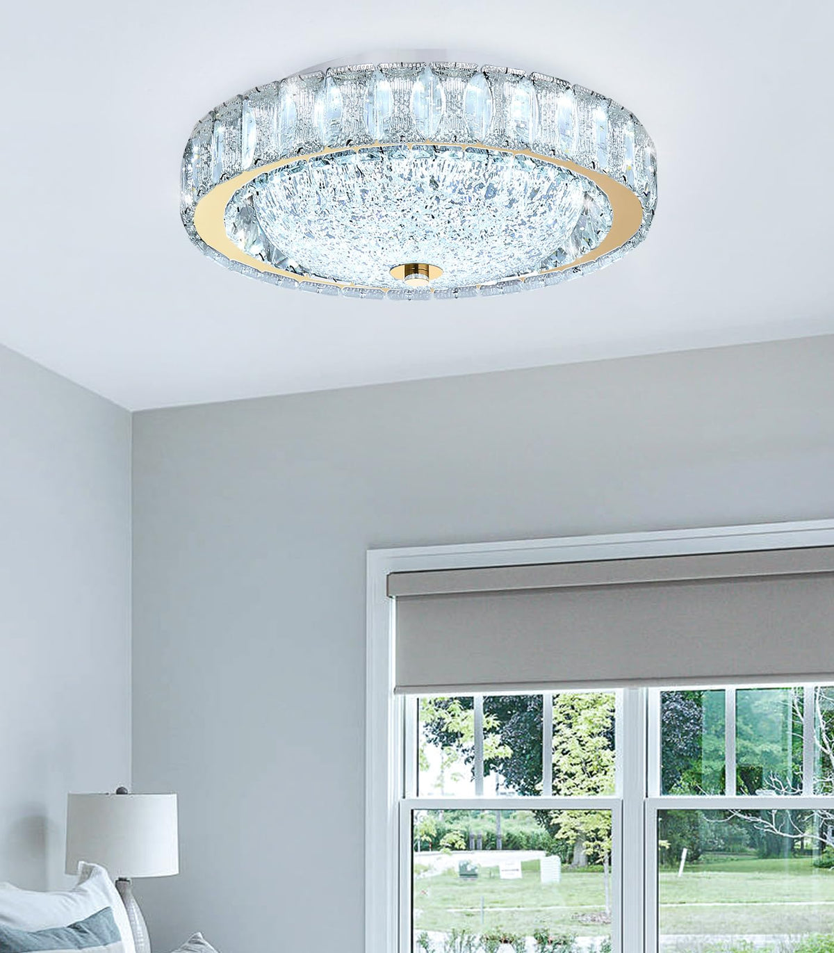 AFQEJG 11.8" Modern Mini Crystal Chandelier Dimmable LED Flush Mount Ceiling Light with Remote Control for Bedroom Hallway Dining Room Gold
