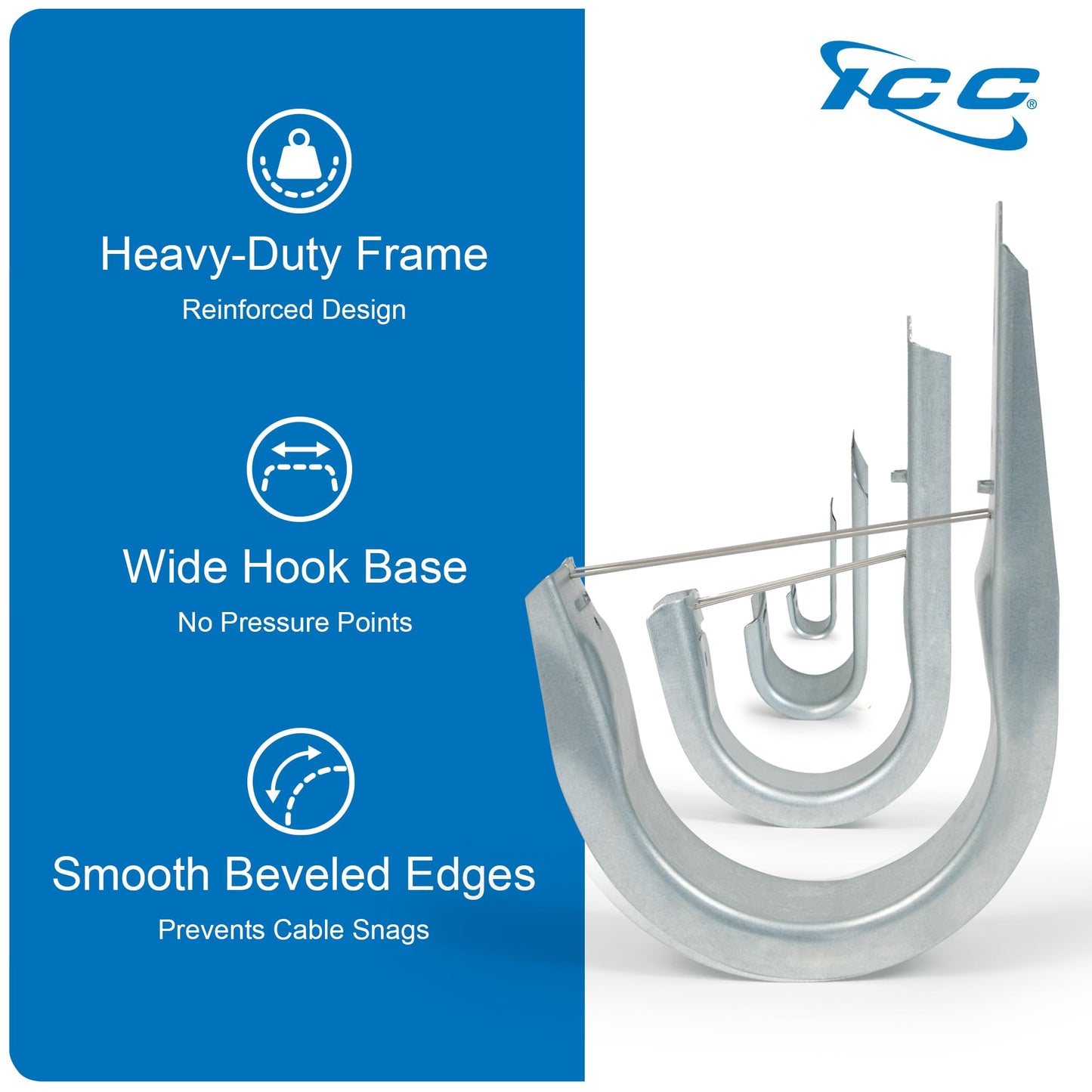ICC 2” Wall Mount J - Hook with Retainer Clip for Structured Cabling - Galvanized Steel Cable Management Hooks, Rust-Resistant, TIA/EIA Compliant- 25-Pack