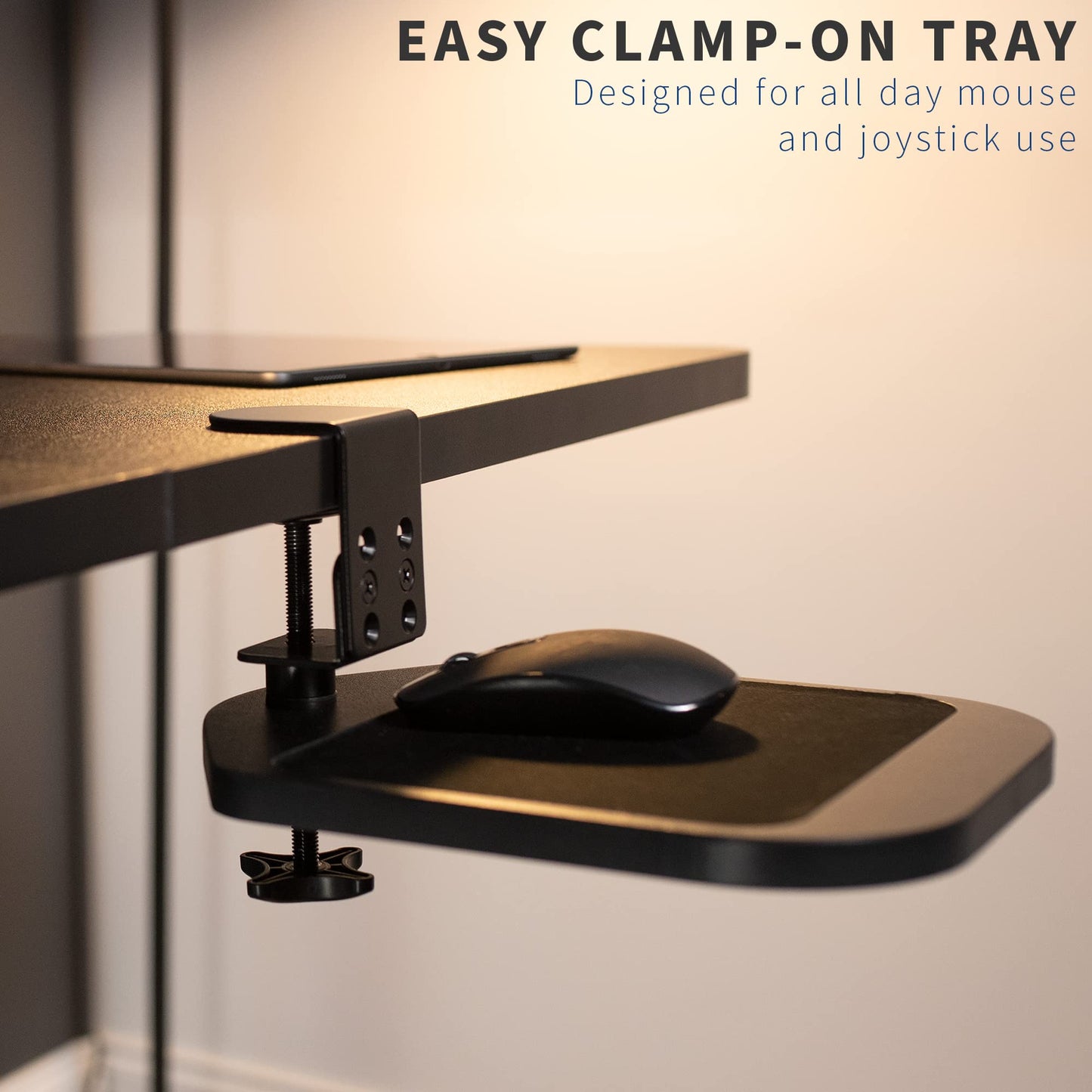 VIVO Clamp-on Wooden Mouse Pad Holder Platform, Adjustable Under Desk 360° Rotating Tray Rest Extension Attachment, up to 2 inch Desktops, Black, MOUNT-MS01B