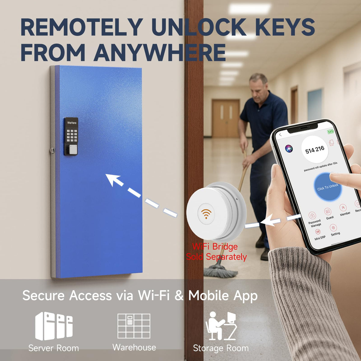 WeHere 120-Key Key Lock Box Wall Mount – Commercial Smart Key Cabinet Organizer with App, One-Time Code, Bluetooth & WiFi Unlock (Sold Separately), Key Management System for School, Rental, Office