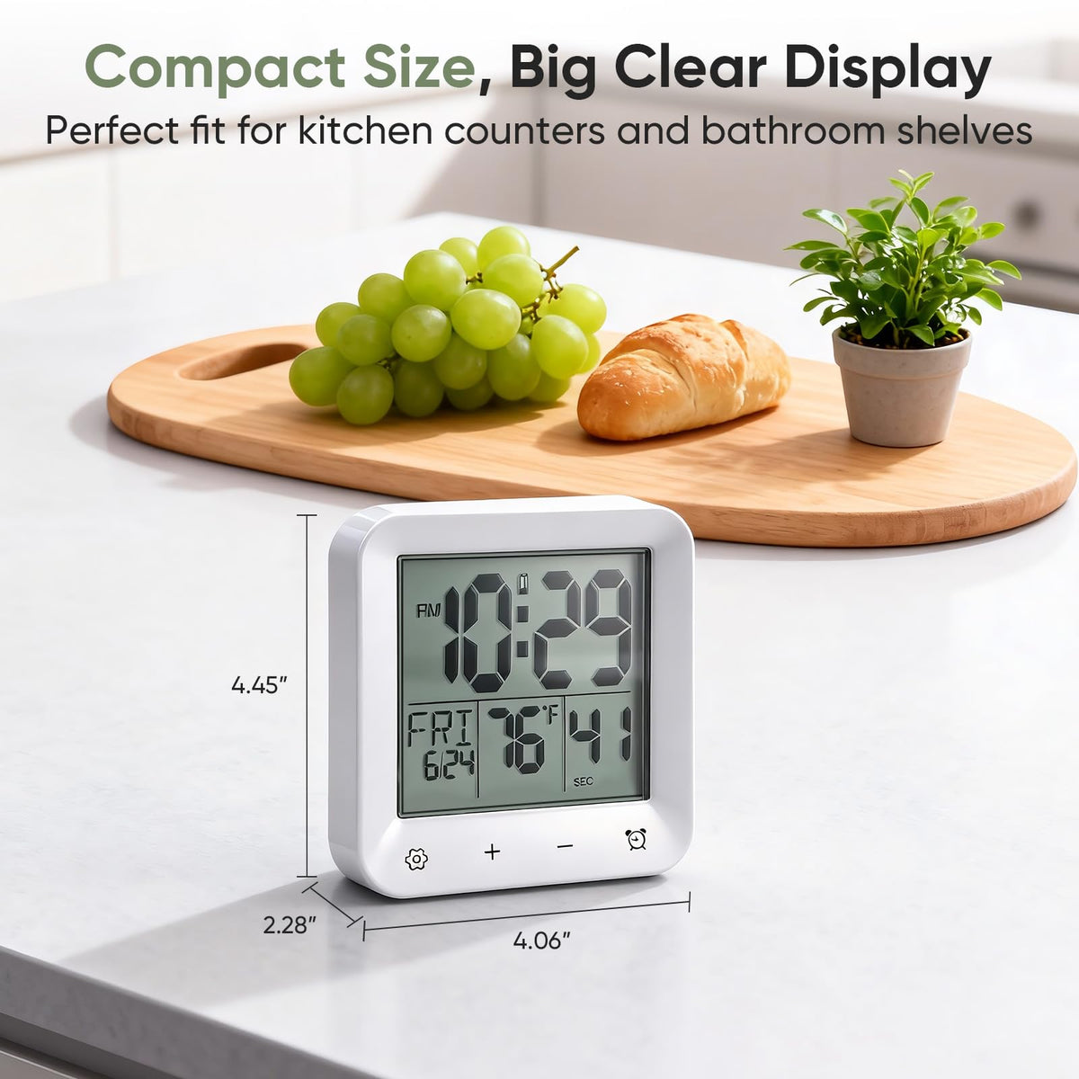 onannos Bathroom Clock Waterproof Shower Timer, Digital Wall Clock with Countdown, Touch Screen, LCD Display, Temperature, Suction Cup/Hanging Hole/Stand, Spa Sauna, Kids and Adults I White