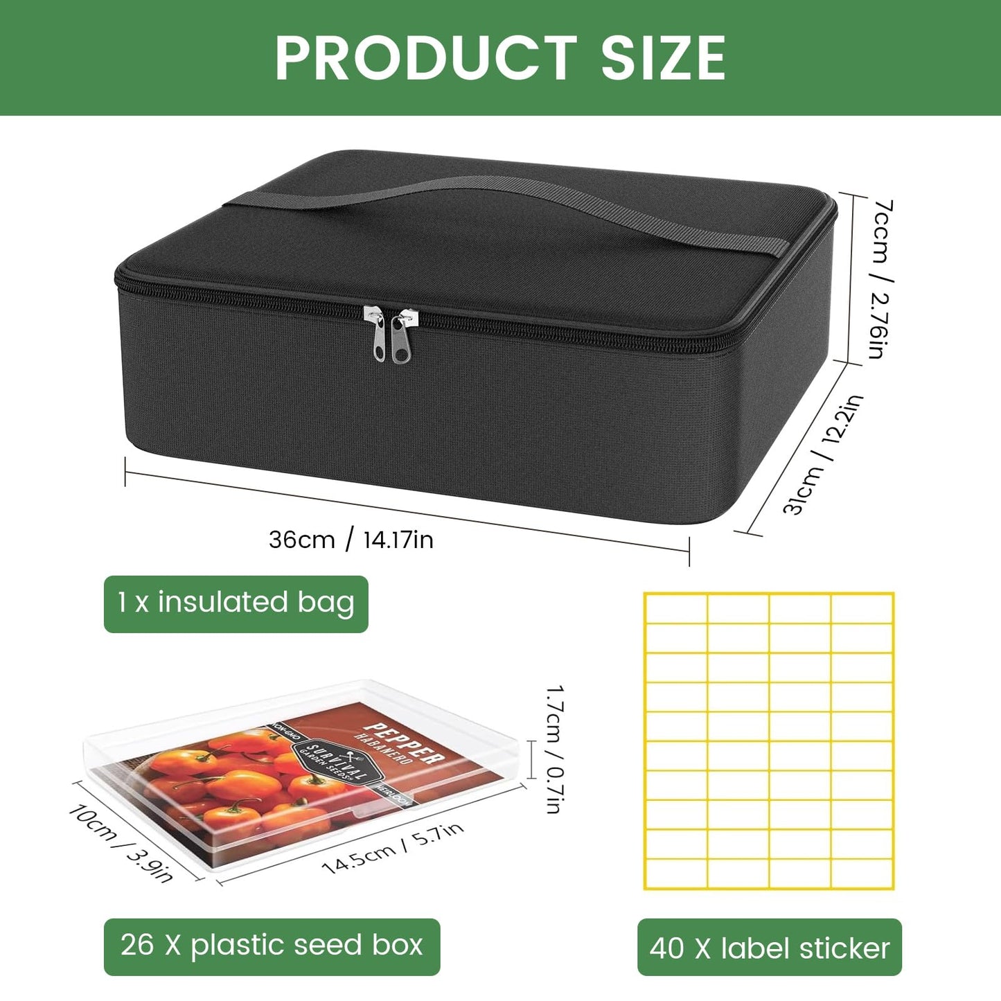 38 Slots Seed Storage Organizer Box with Insulated Bag That Holds 80-200 Seed Envelopes, Oxford Cloth Garden Seed Containers with Labels, Seed Packet Organizer for Plant, Flower ,Vegetable Seeds