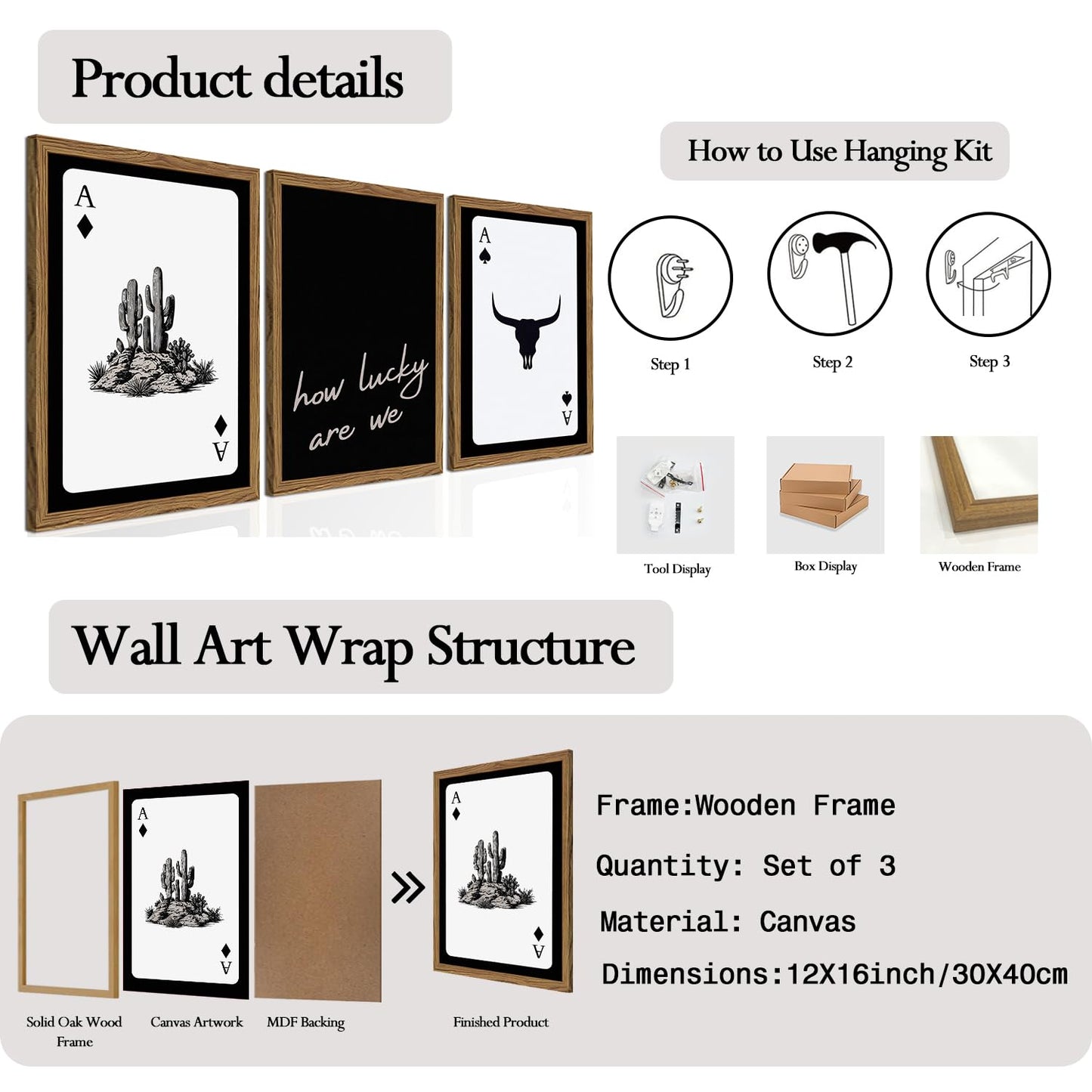 Western Wall Art Set of 3, Southwestern Cowboy Playing Card Wall Decor, Longhorn Bull Skull and How Lucky are We Poster Canvas Painting Prints for Bedroom Living Room 12x16 inch Wood Framed