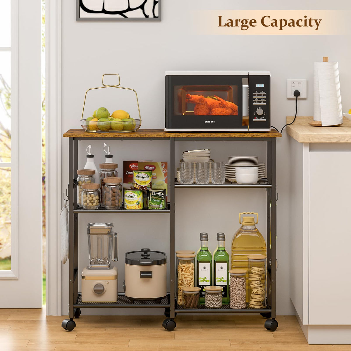 ThreeHio Rolling Kitchen Microwave Cart, 3-Tier Microwave Stand with Adjustable Shelf, Kitchen Storage Cart on Lockable Wheels, Coffee Bar Baker's Rack Organizer Shelf for Living Room, Office, Balcony