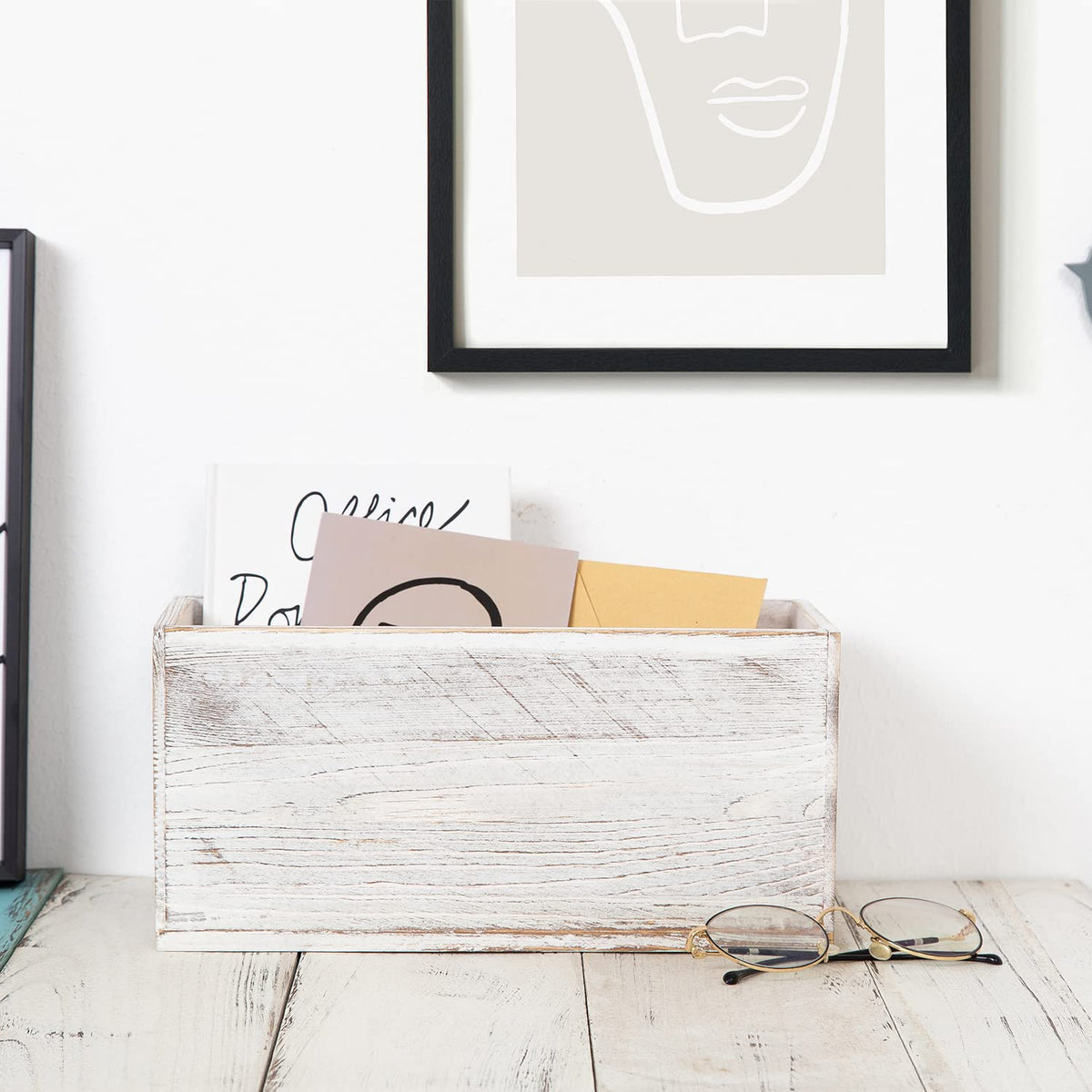 ExoLiry Rustic White Washed Wood Mail Box Storage Holder File Organizer Tabletop Wooden Basket Letter Script Design Envelope Folder Decorative Container Desk Home Office Entryway Bedroom Living Room