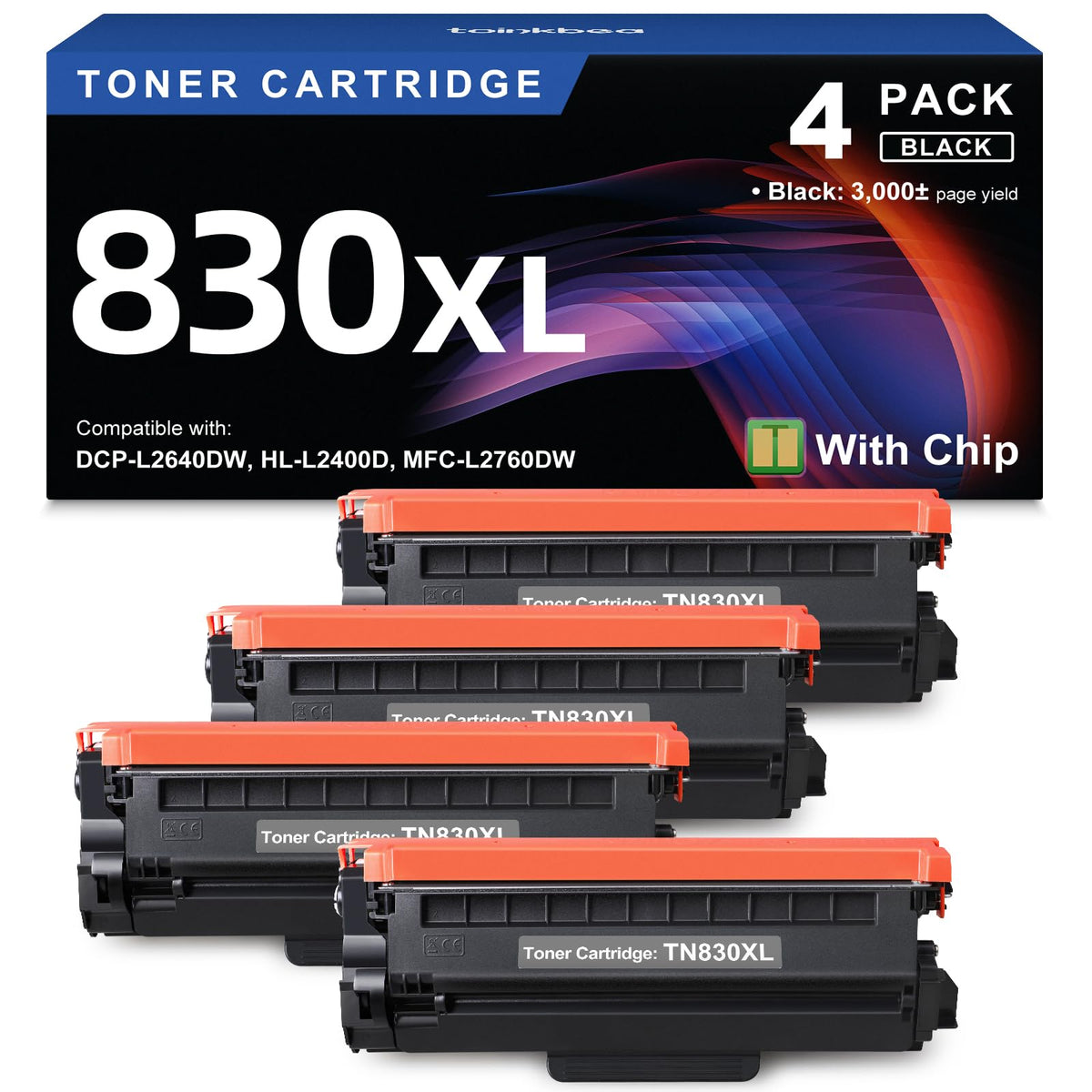 TN830XL Black Toner Cartridge Ink for HL-L2460DW Printer Replacement for Brother TN830 XL TN830 TN-830 Toner Set for DCP-L2640DW HL-L2460DWXL HL-L2405W MFC-L2820DW MFC-L2820DWXL, 4PK (with Chip)
