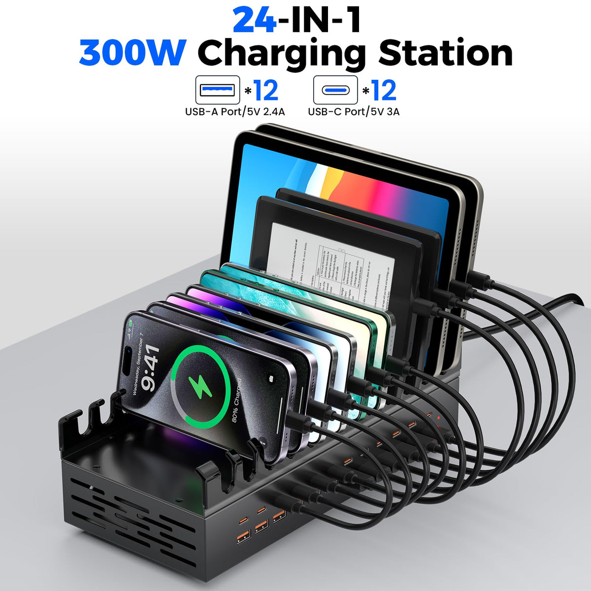 300W USB Charging Station for Multiple Devices, 24 Port USB C Fast Charging Station, Multi Device Charger Station Organizer Compatible with Tablet, Laptop, Cellphone, iPhone, iPad (300, Watts)