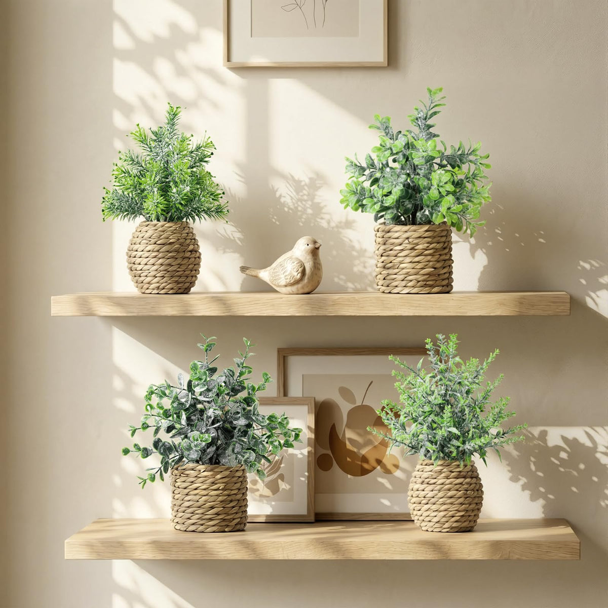 Small Fake Potted Plants: 7 Inches Artificial Plants with Seagrass Handwoven Planters, Indoor Farmhouse Spring Decorations, Eucalyptus Plant for Home Bathroom Office Shelf Tabletop Desk Room Decor