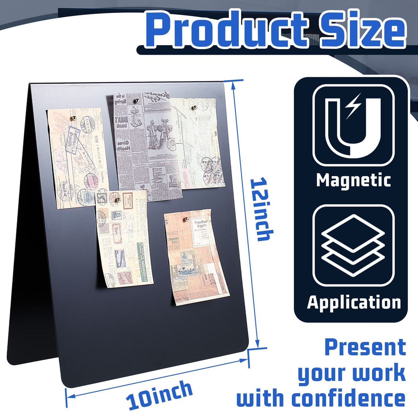 Leinuosen 1 Pcs 12 x 10 Inch Magnetic Bulletin Board Metal Magnet Board Magnet Display Stand for Tabletop Desktop Home Kitchen Office Decor (Black)