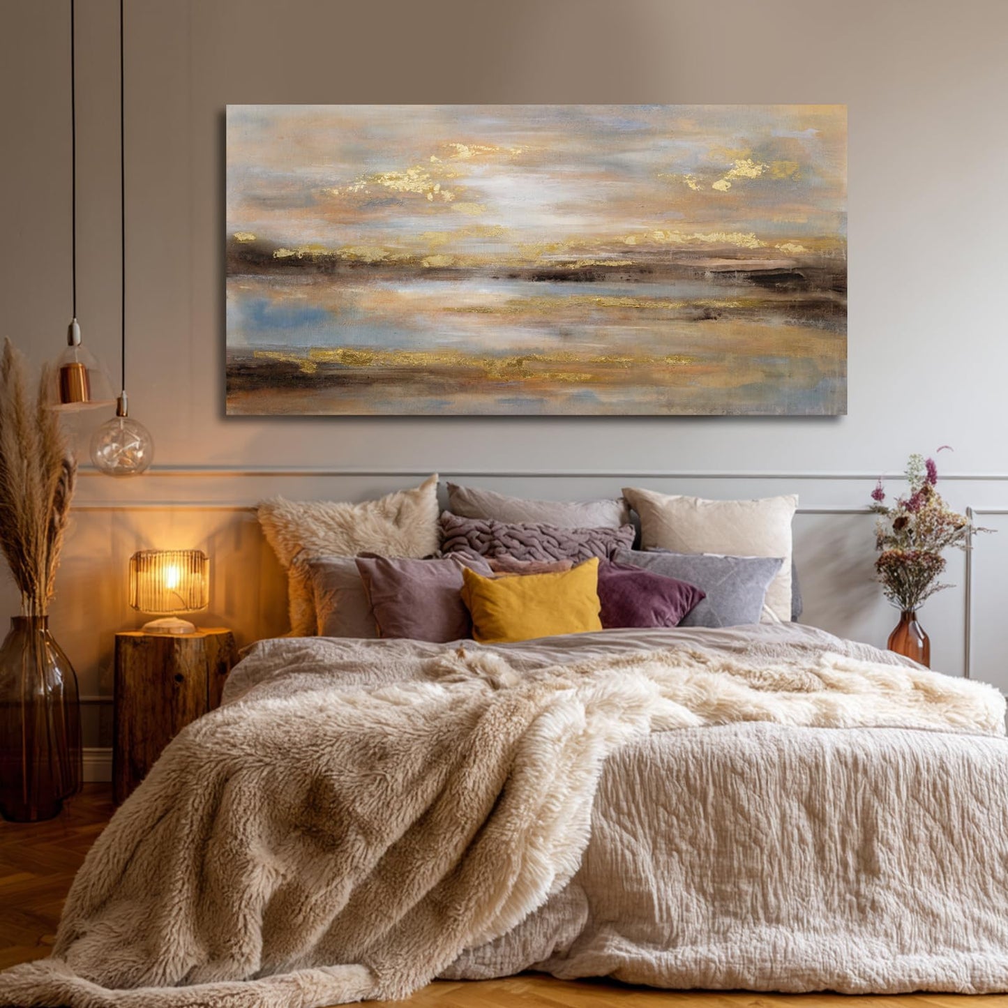 NBAODAN Abstract Wall Art for Living Room Gold and Orange Wall Decor for Living Room Large Neutral Art Pictures Modern Artwork 29x58 Inch Bedroom Dining Room Decorations