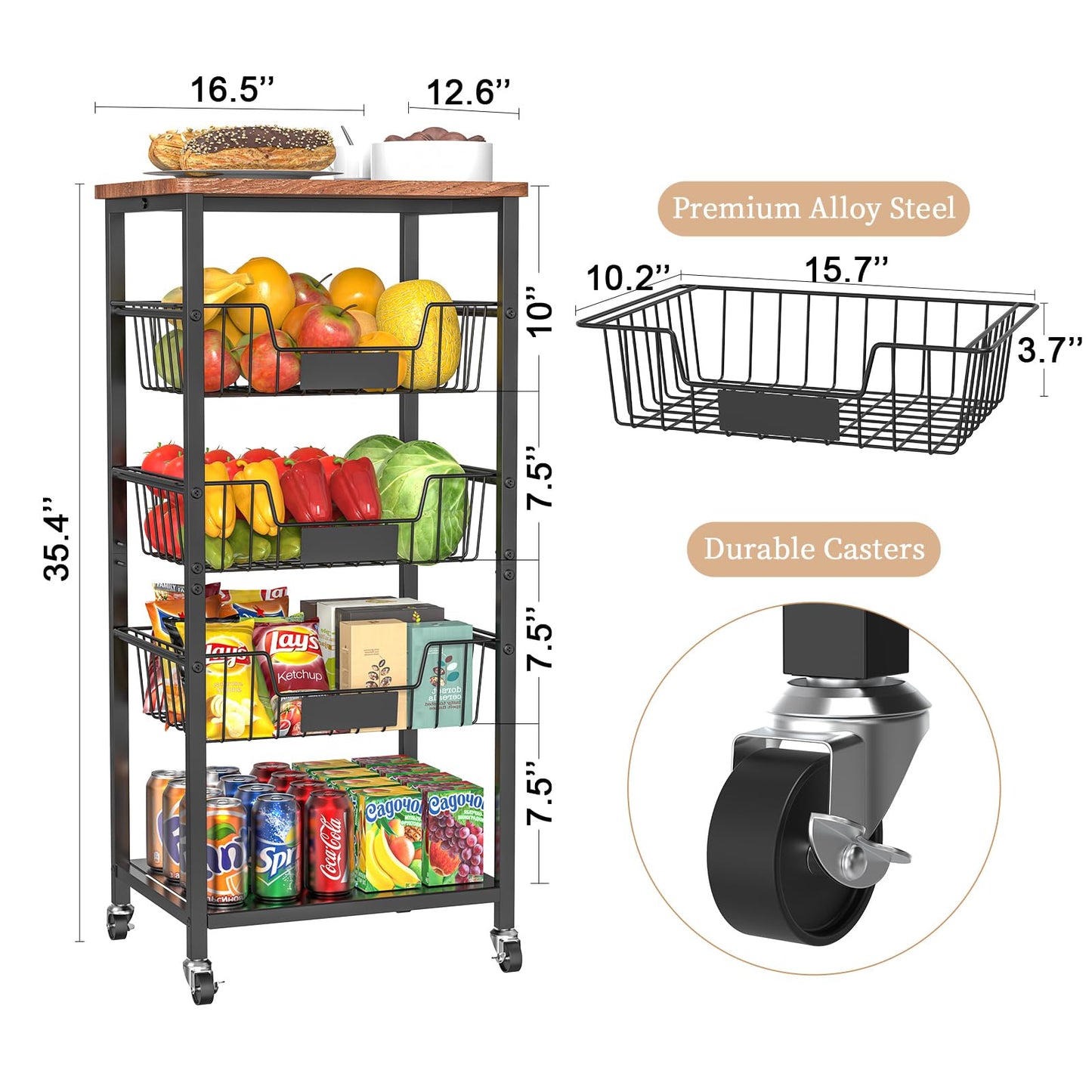 Hastatii Kitchen Storage Cart, Kitchen Basket, 5-Tier Utility Organizer with Baskets and Wood Top, Rolling Snack Cart with Wheels, Metal Black